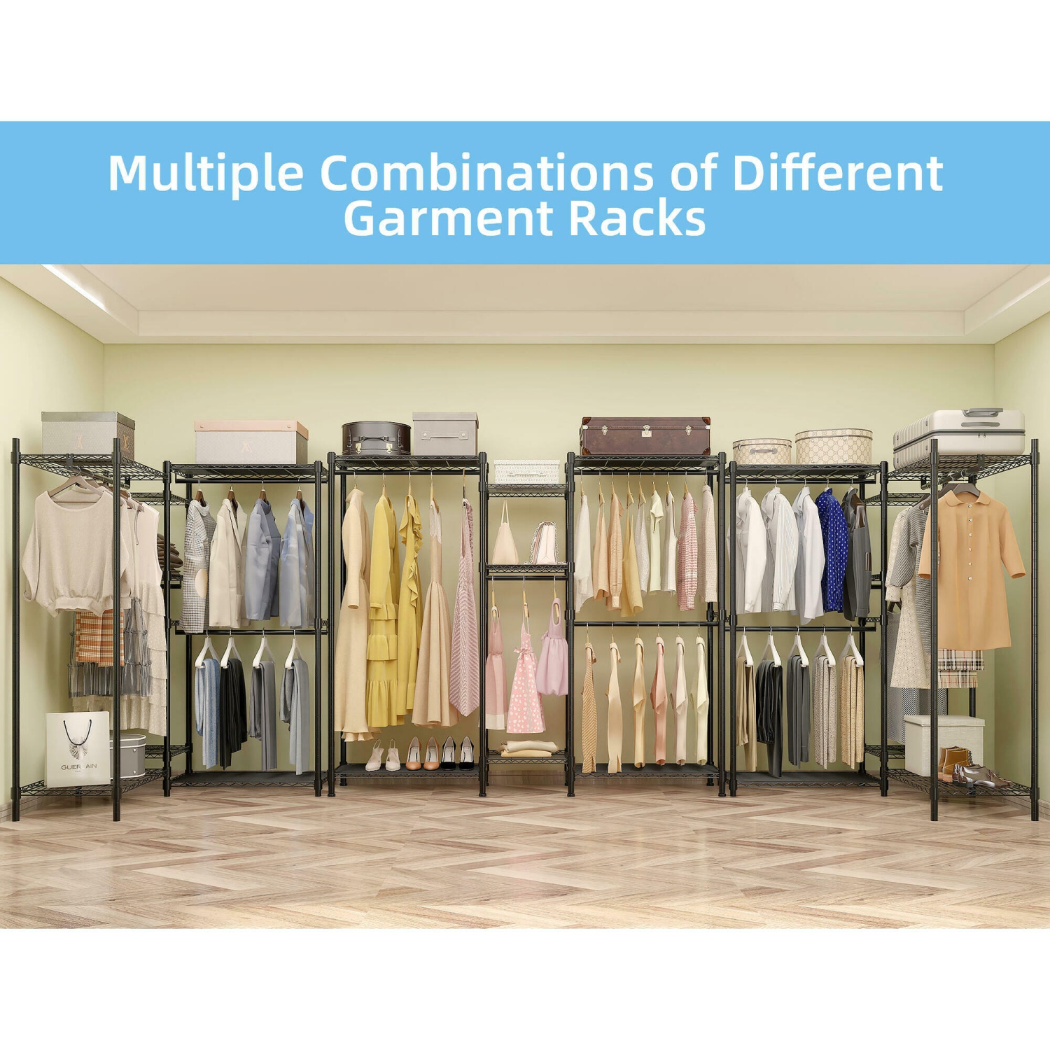 Wire Garment Rack Closet Wardrobe with Hanging Rod, Heavy Duty Freestanding Metal Hanging Clothes Rack Max Load 396lbs