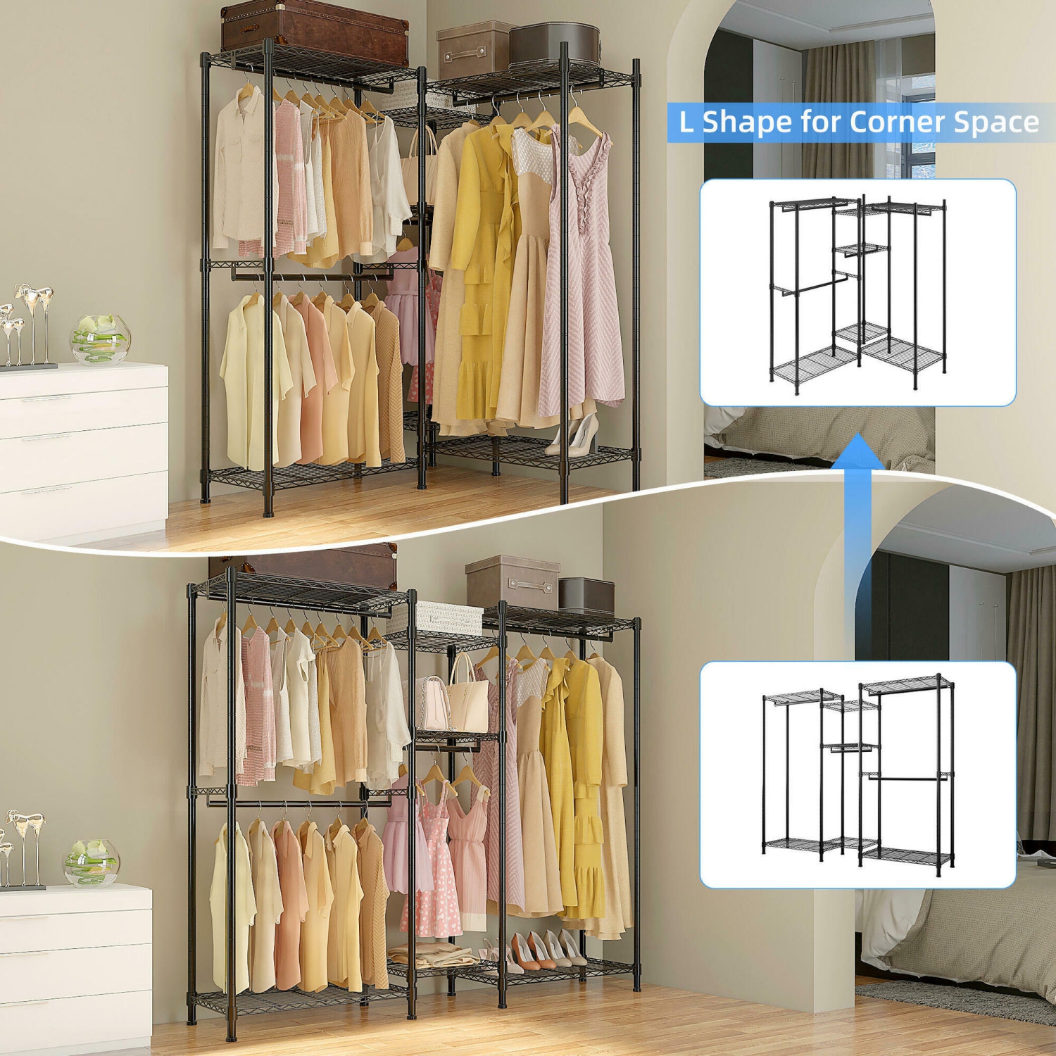 Wire Garment Rack Closet Wardrobe with Hanging Rod, Heavy Duty Freestanding Metal Hanging Clothes Rack Max Load 396lbs