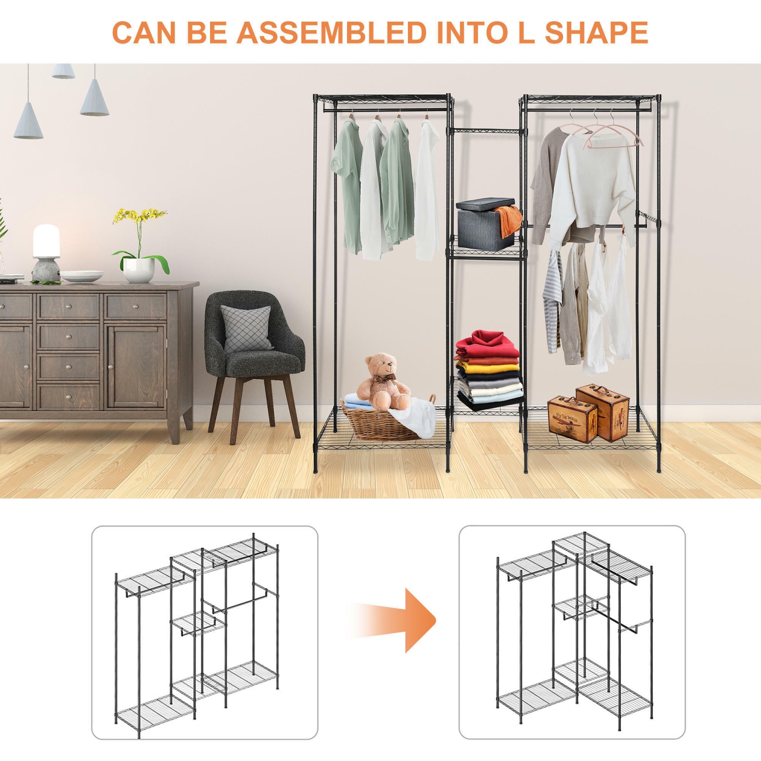 Wire Garment Rack Closet Wardrobe with Hanging Rod, Heavy Duty Freestanding Metal Hanging Clothes Rack Max Load 396lbs