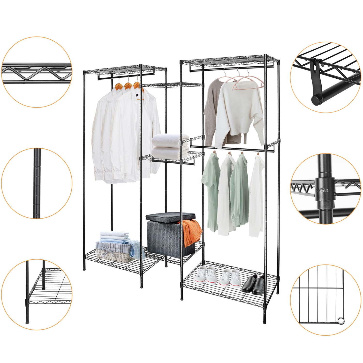 Wire Garment Rack Closet Wardrobe with Hanging Rod, Heavy Duty Freestanding Metal Hanging Clothes Rack Max Load 396lbs