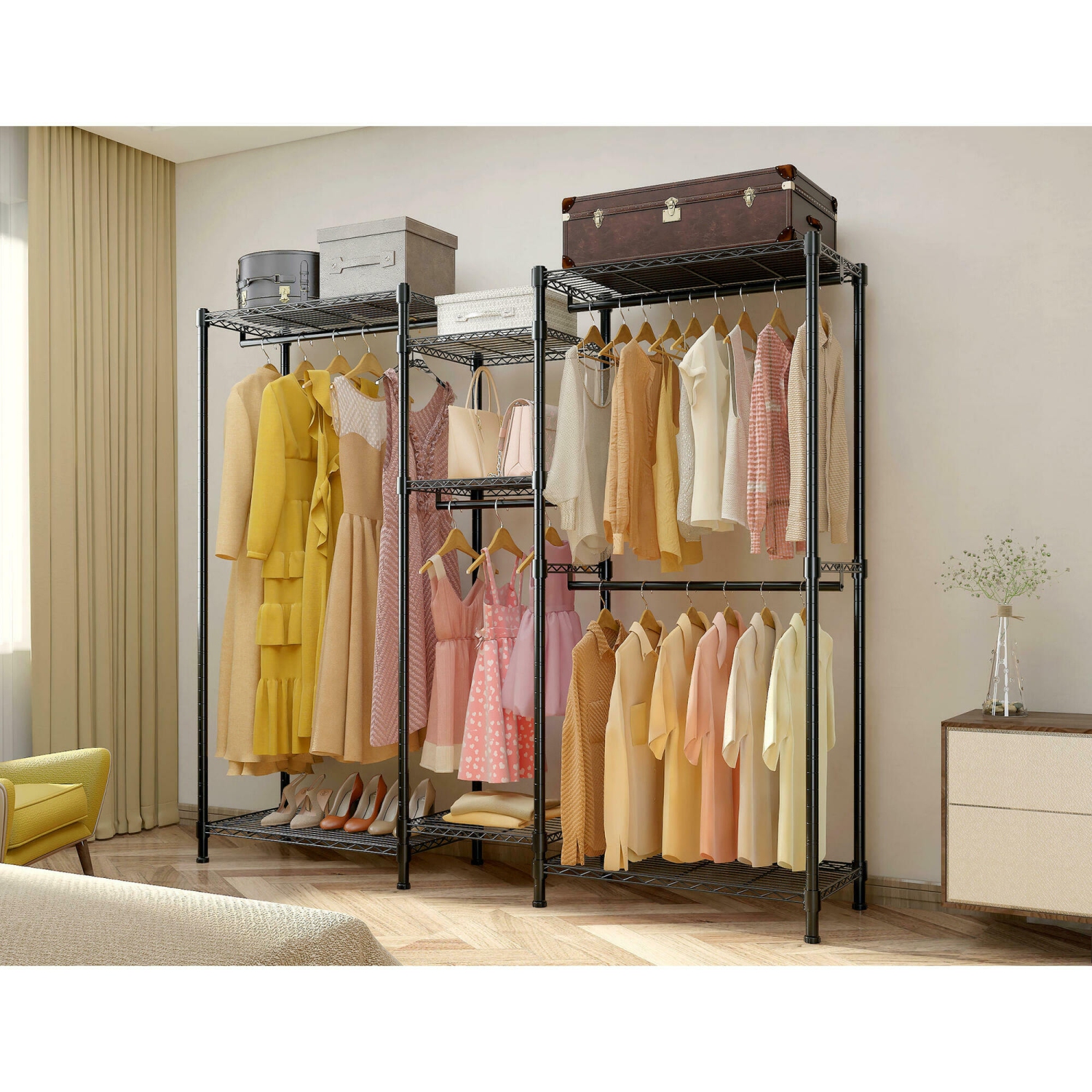 Wire Garment Rack Closet Wardrobe with Hanging Rod, Heavy Duty Freestanding Metal Hanging Clothes Rack Max Load 396lbs
