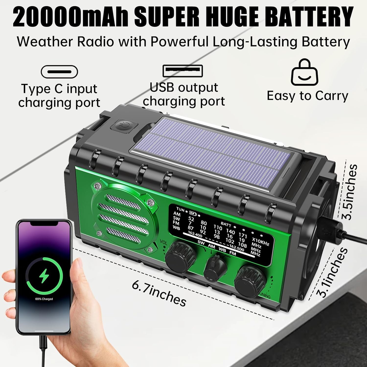 Radio d'urgence 20000&nbsp;mAh, radio météo SW/NOAA/AM/FM, chargeur à manivelle solaire, radio d'urgence portative avec lampe de poche SOS pour