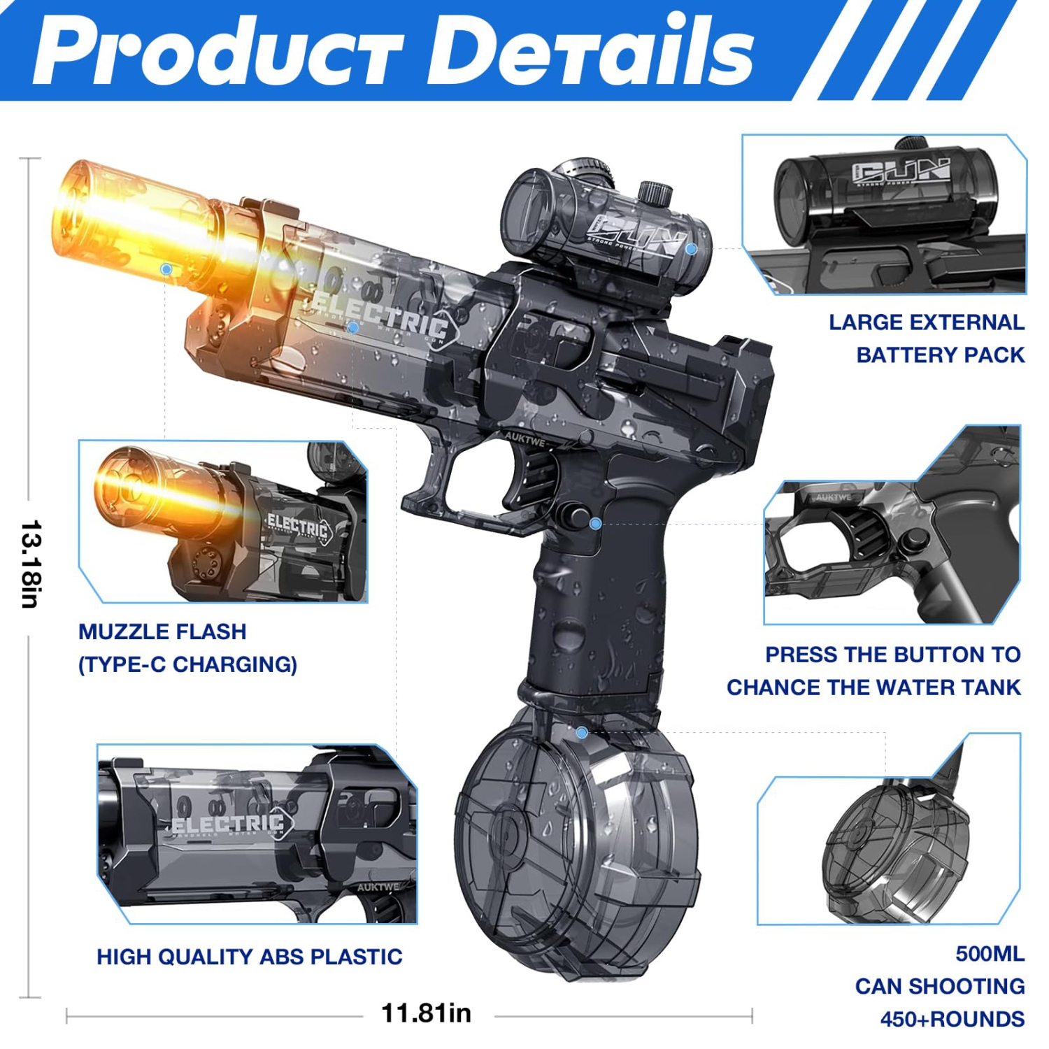 Ultimate Battle Blaster Electric Water Gun with Realistic Muzzle Flame, Large Capacity Water Spray Gun, Summer Outdoor Beach Pool Party Toy for
