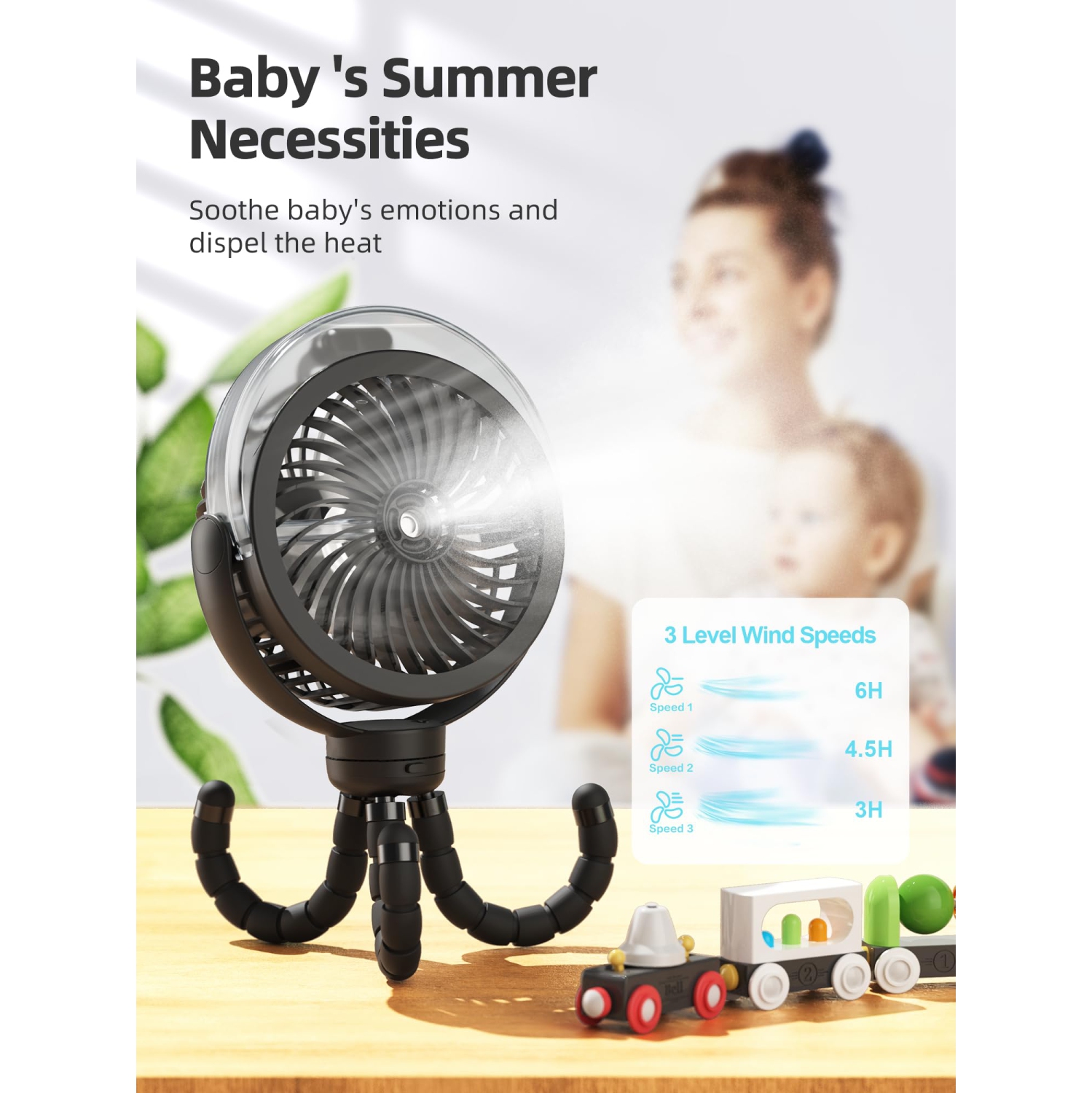 Ventilateur de poussette à vaporiser, ventilateur portatif rechargeable USB avec lumière et rotation à 360° pour bébé, bureau, voyage, tapis roulant,
