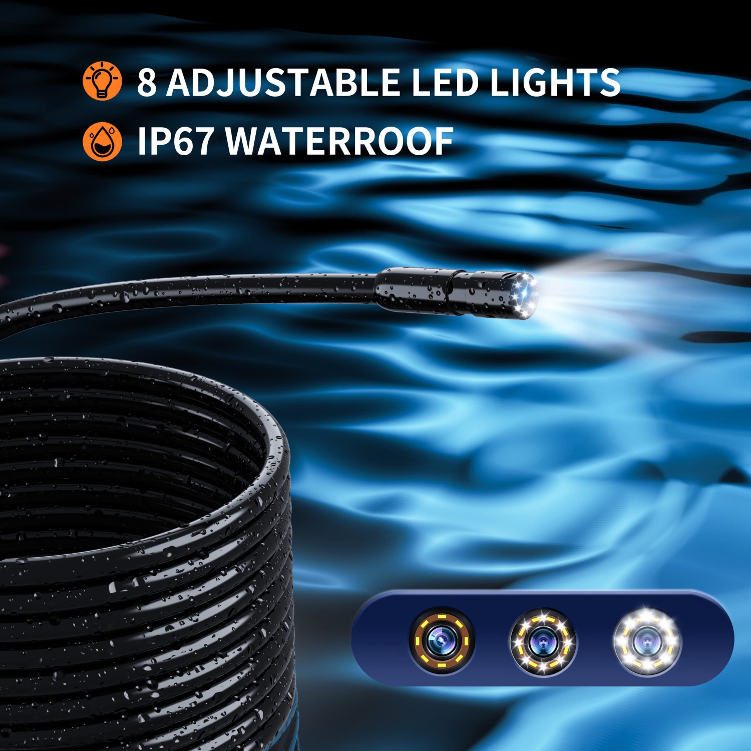 Lighted Pipeline Endoscope Camera with 4.3" IPS Screen, 1080P HD Resolution, 8 LED Lights, 16.4ft Semi-Rigid Cable, IP67 Waterproof Sewer Tool