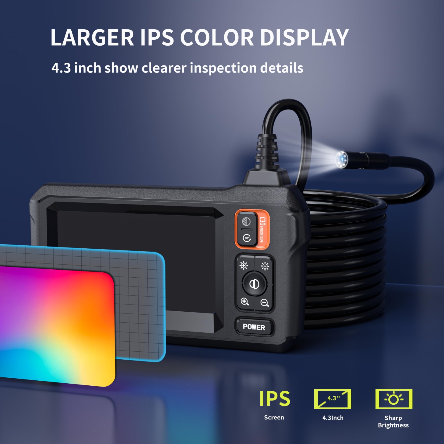 Lighted Pipeline Endoscope Camera with 4.3" IPS Screen, 1080P HD Resolution, 8 LED Lights, 16.4ft Semi-Rigid Cable, IP67 Waterproof Sewer Tool