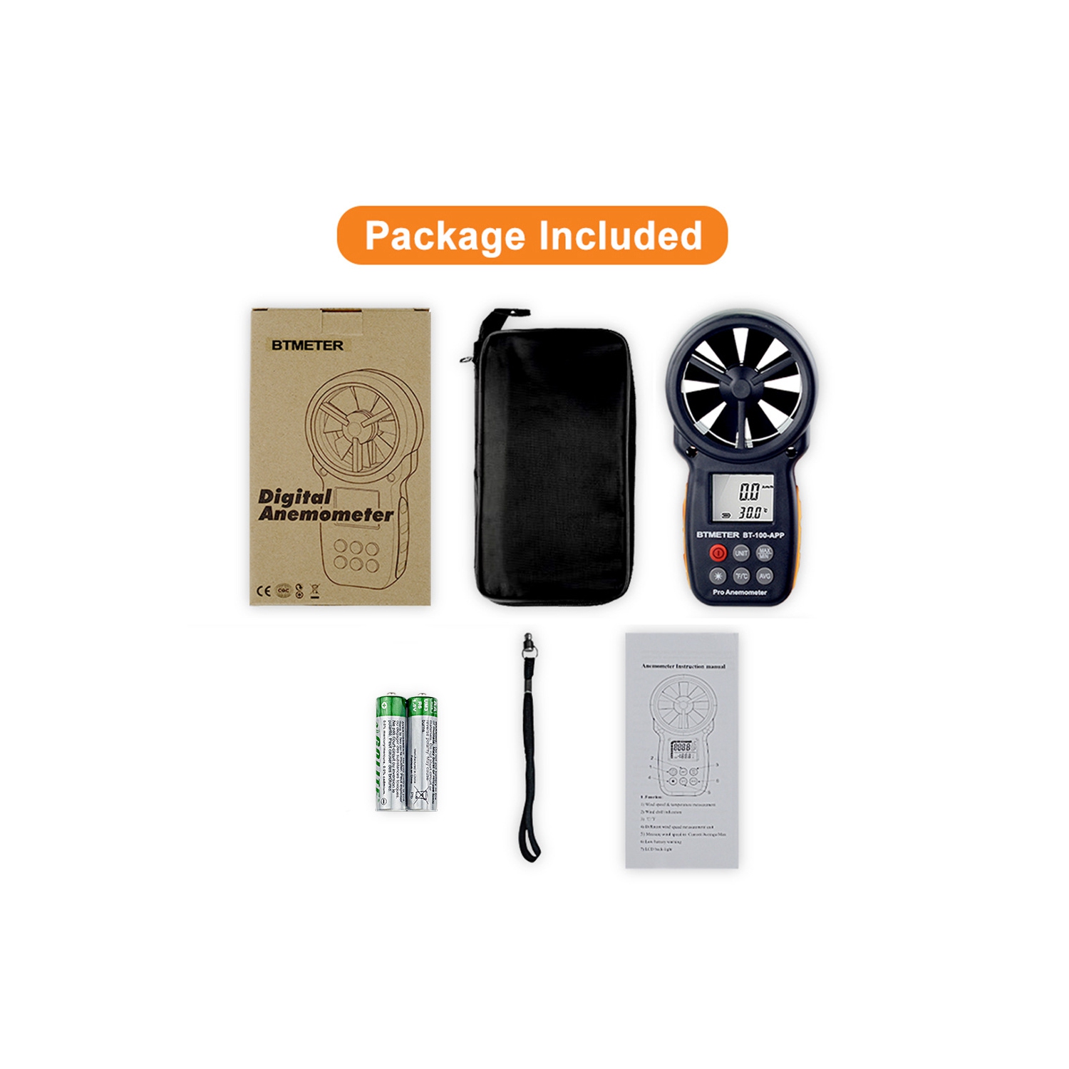 BT-100APP Anemometer, Digital Handheld Anemometer with Wireless Bluetooth for Measuring Wind Chill Index, Wind Speed, Temperature