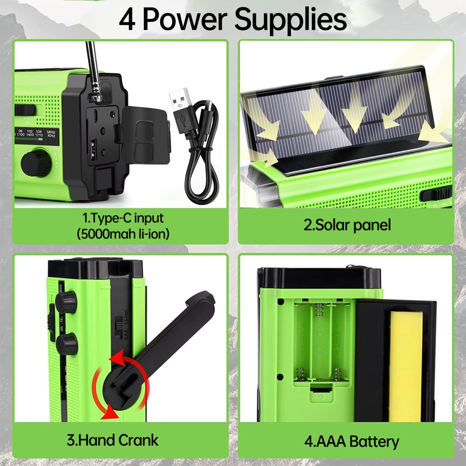 Solar Emergency Radio, Hand-Crank Flashlight, USB Charging AM/FM/WB Radio, Suitable for Outdoor Travel