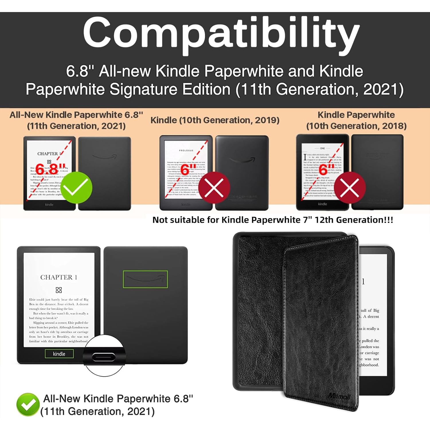 Étui de protection compatible avec le Kindle Paperwhite 11ᵉ gén 2021, housse pour Kindle Paperwhite 5, étui en cuir avec dragonne