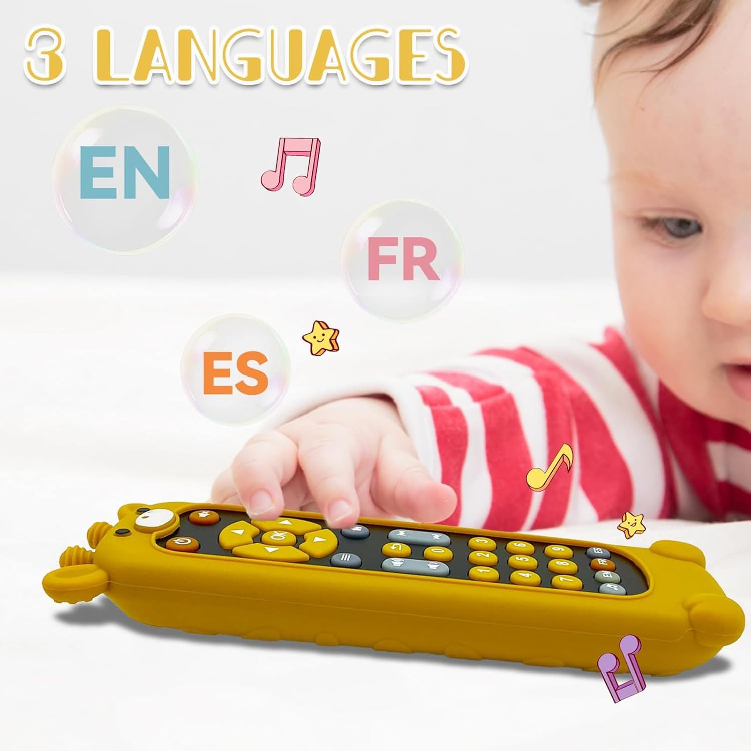 Baby Safe TV Remote Control Toy with Multi-Language Learning Function - Realistic Design, Soft Silicone Shell, Baby Sensory Toy with Multi-Shape