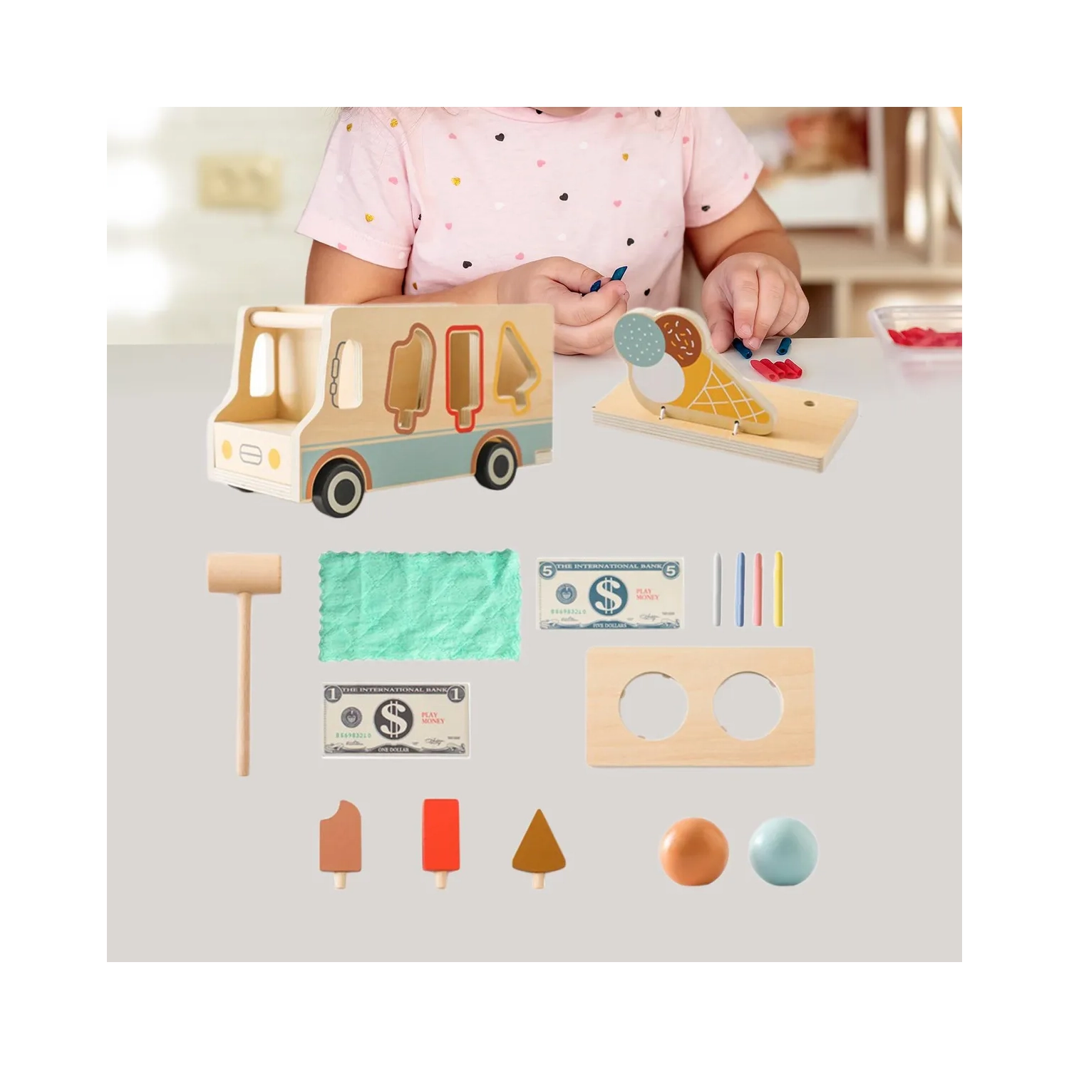 Wooden Ice Cream Shop Playset - Role Play Toy for Kids that Boosts Creativity and Social Skills, Durable Wooden Toy Kitchen Accessories for Indoor