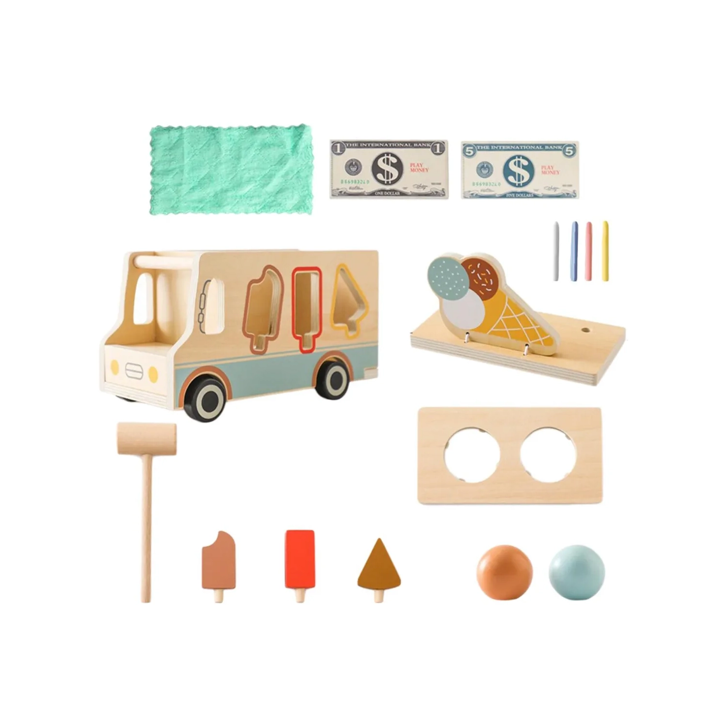 Wooden Ice Cream Shop Playset - Role Play Toy for Kids that Boosts Creativity and Social Skills, Durable Wooden Toy Kitchen Accessories for Indoor