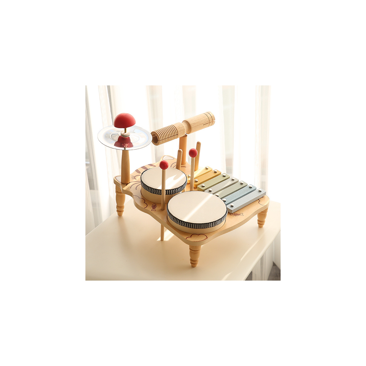 Wooden MusicalToy Set for Toddlers|Xylophone and Percussion Set for Kids with Mallets|Rhythm and Motor Skills Learning Toy | Kitten Music Station |