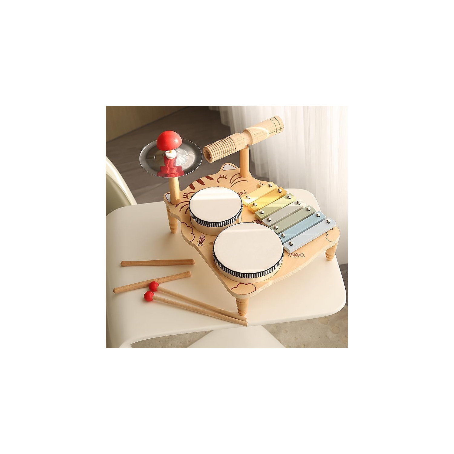 Wooden MusicalToy Set for Toddlers|Xylophone and Percussion Set for Kids with Mallets|Rhythm and Motor Skills Learning Toy | Kitten Music Station |
