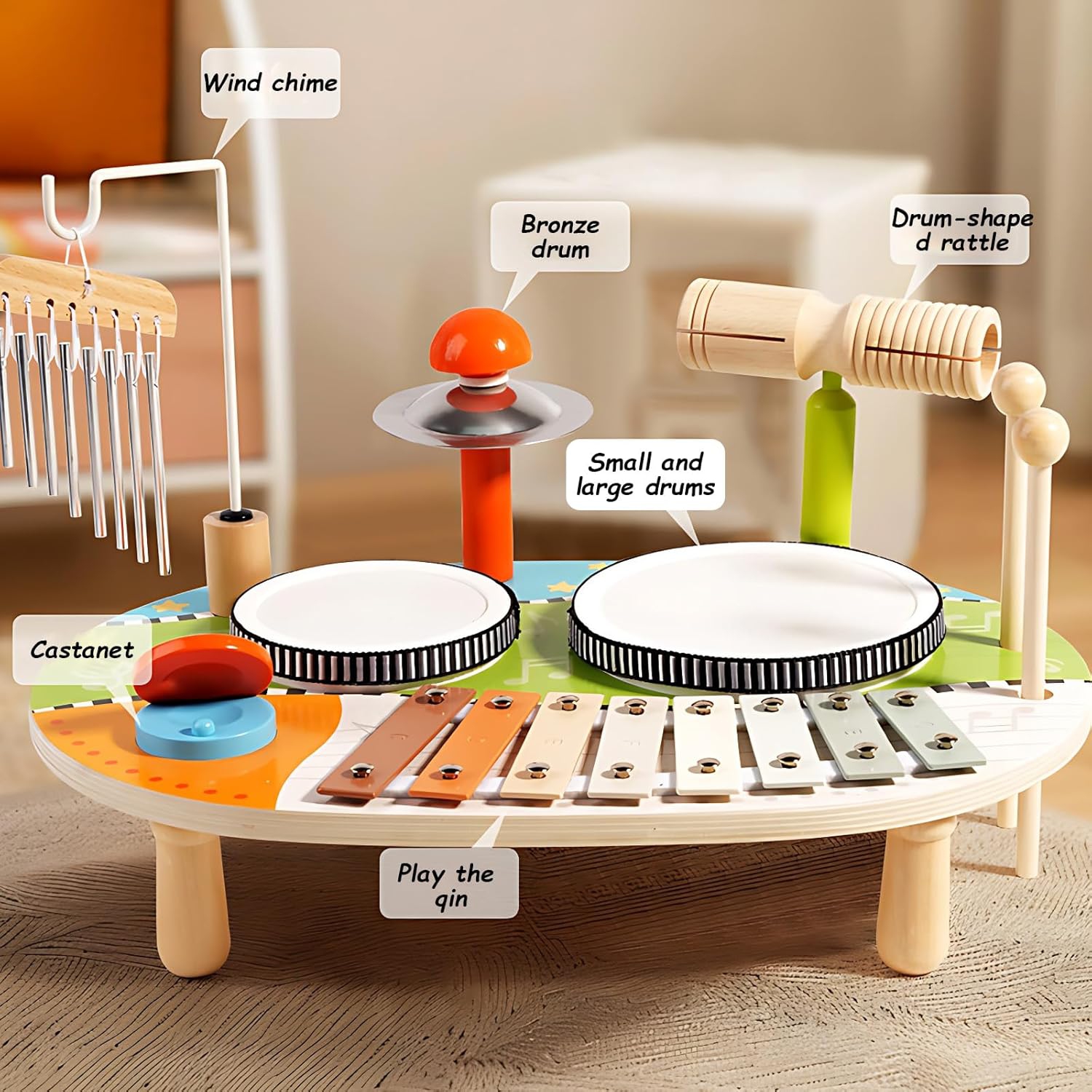 Wind Chime Drum Set | Wooden Music Set | 5-in-1 Children's Drum Set | Music Learning Toys | Develop Rhythm and Motor Skills | Perfect Gift