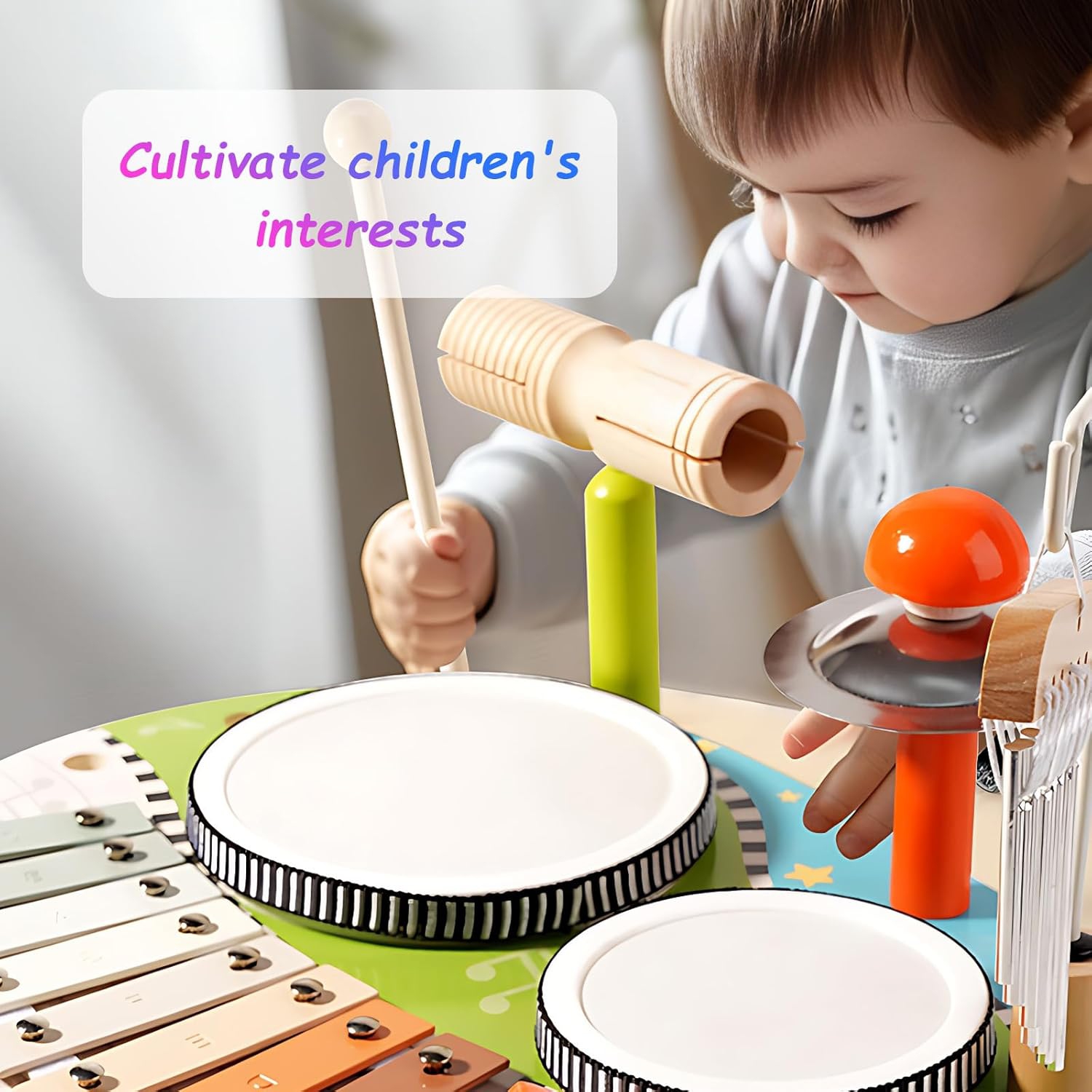 Wind Chime Drum Set | Wooden Music Set | 5-in-1 Children's Drum Set | Music Learning Toys | Develop Rhythm and Motor Skills | Perfect Gift