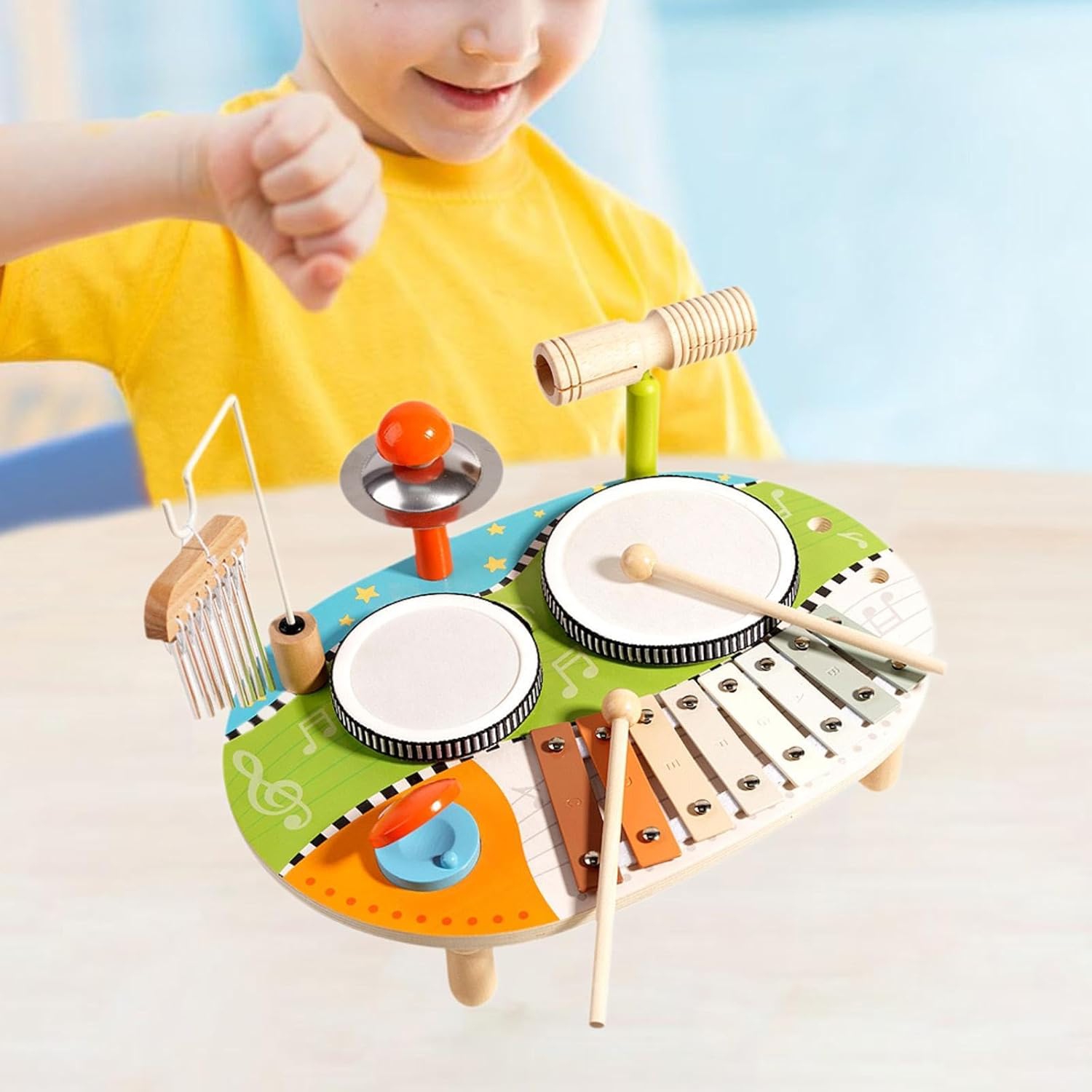 Wind Chime Drum Set | Wooden Music Set | 5-in-1 Children's Drum Set | Music Learning Toys | Develop Rhythm and Motor Skills | Perfect Gift