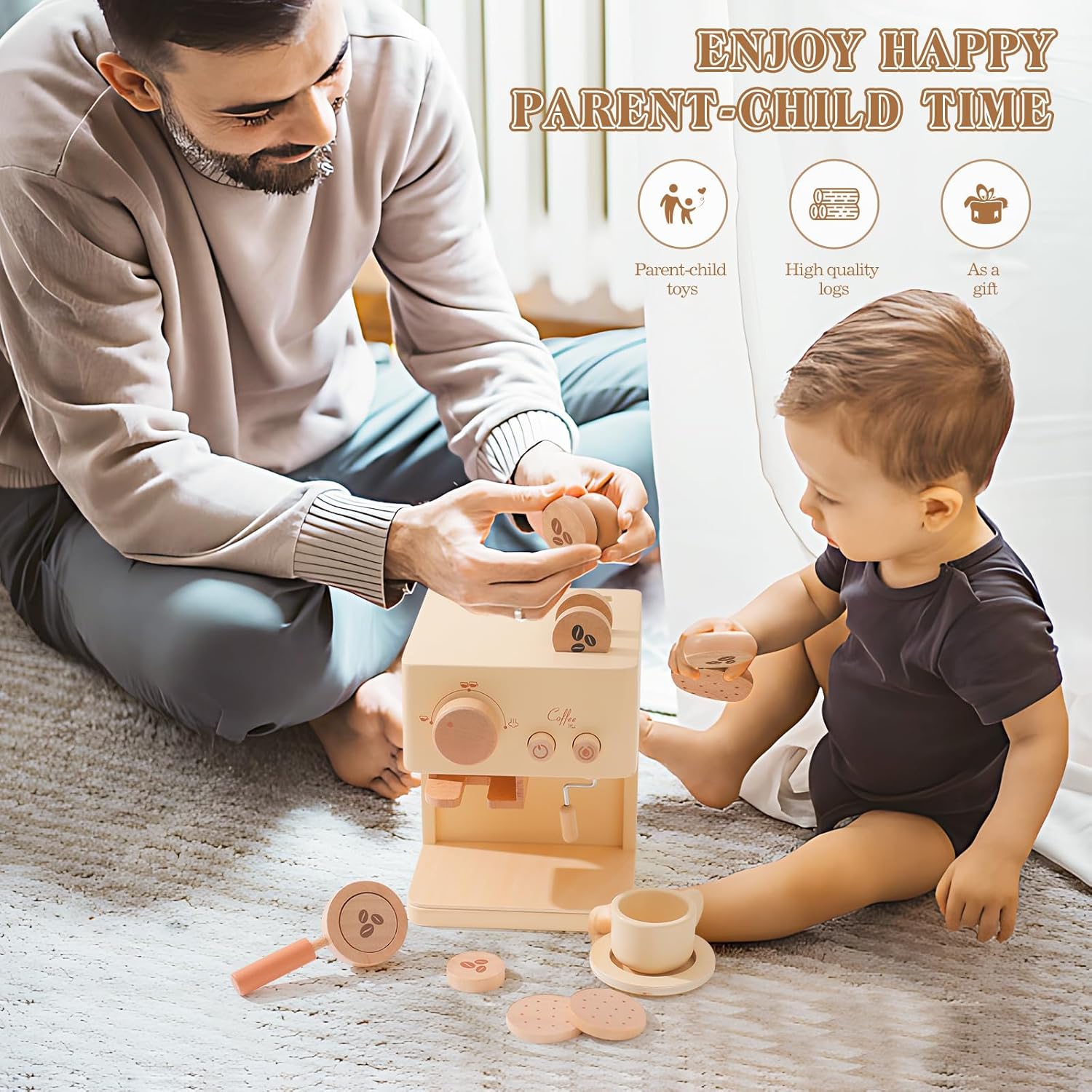 Wooden coffee maker toy set, | Realistic barista role play toy with grinding function and 10 accessories | Educational role play kitchen set |