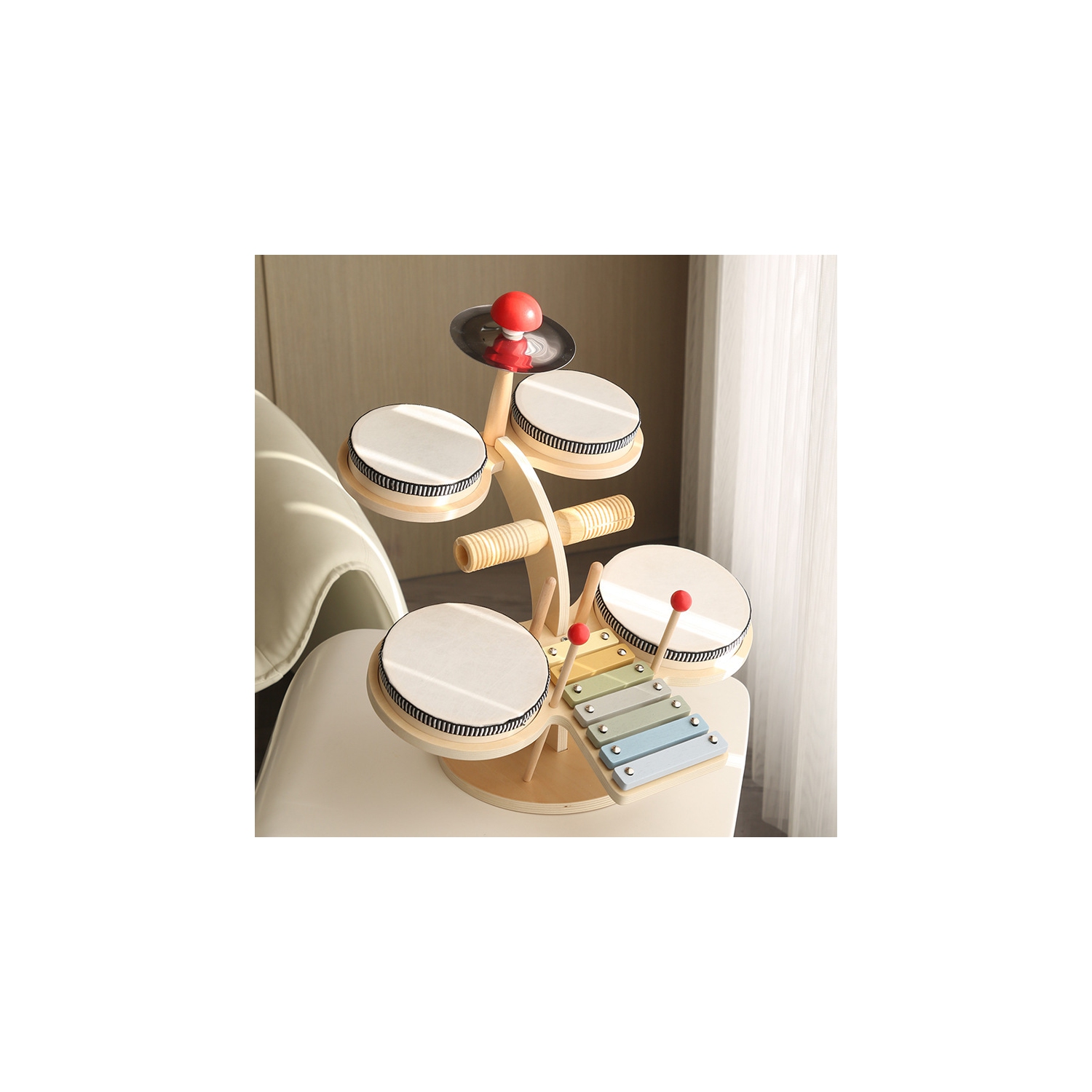 Wooden xylophone and drum set for toddlers | 3-in-1 kids musical toy with real mallets | Develops rhythm, motor skills and creativity | Educational