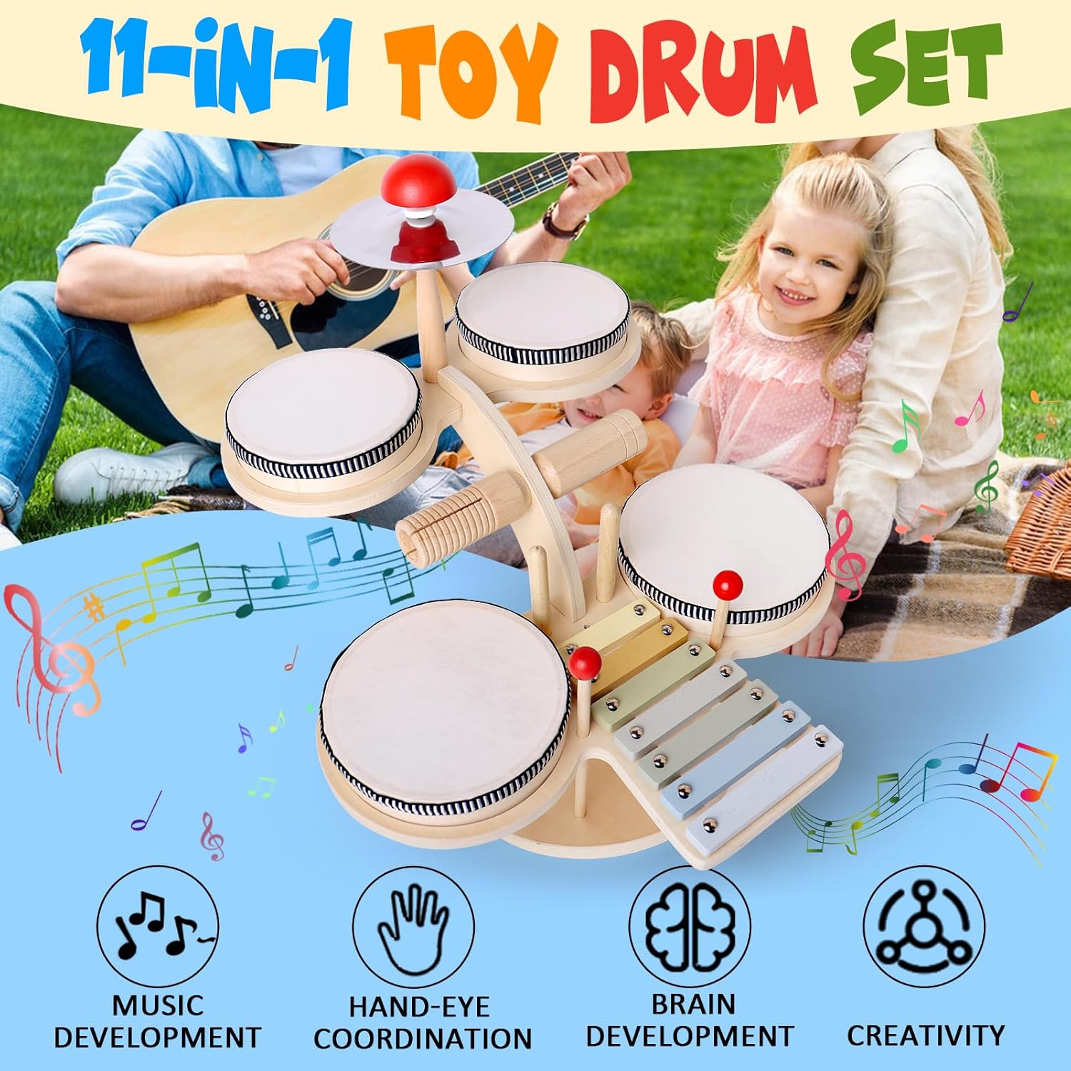 Wooden xylophone and drum set for toddlers | 3-in-1 kids musical toy with real mallets | Develops rhythm, motor skills and creativity | Educational