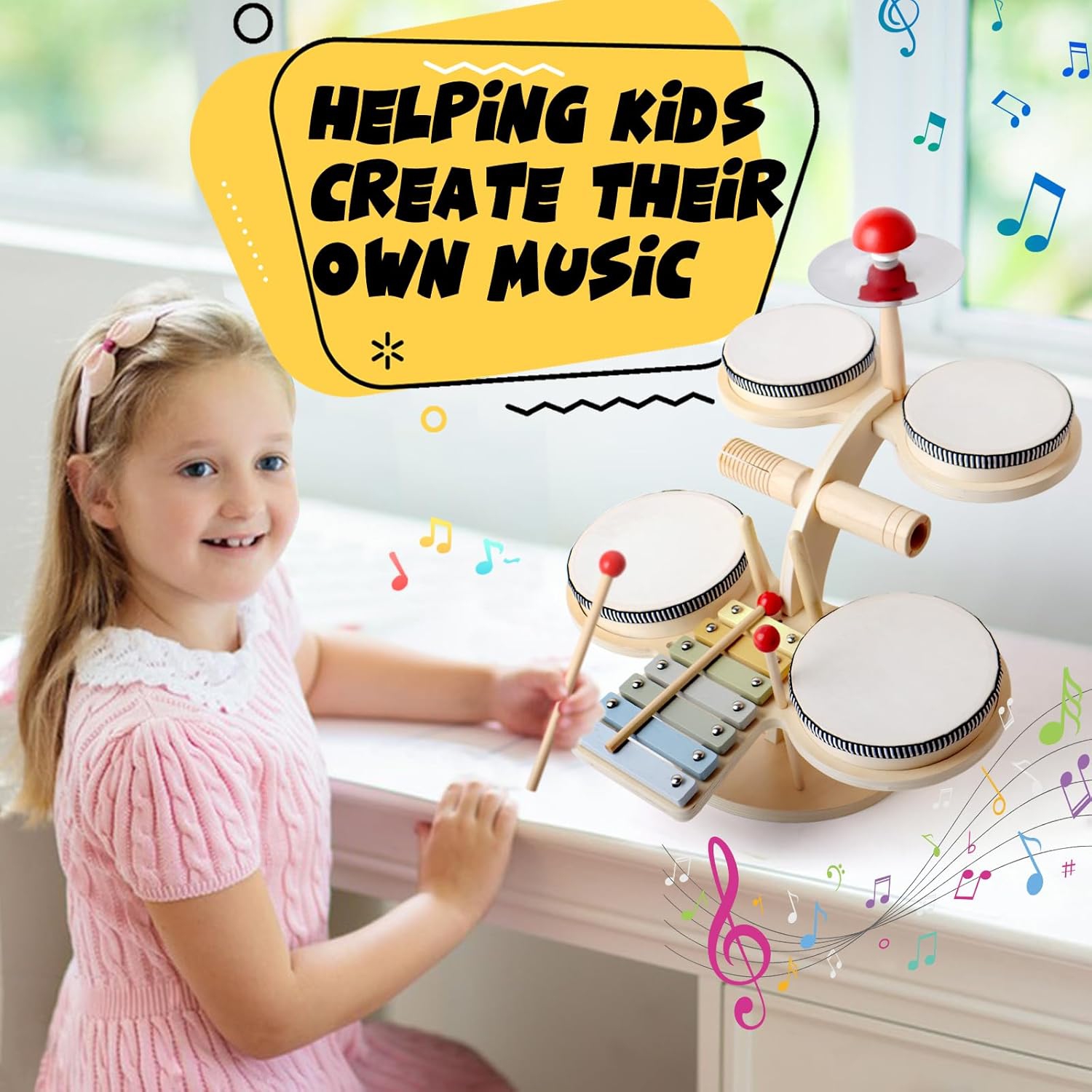 Wooden xylophone and drum set for toddlers | 3-in-1 kids musical toy with real mallets | Develops rhythm, motor skills and creativity | Educational