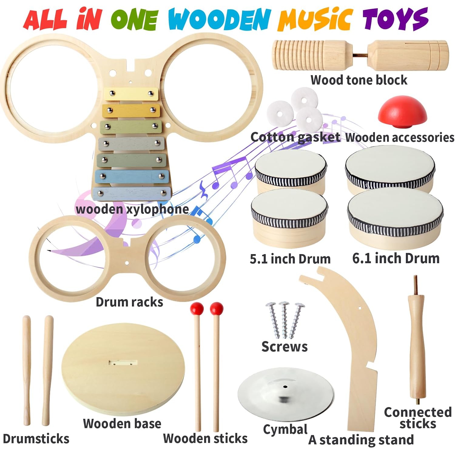 Wooden xylophone and drum set for toddlers | 3-in-1 kids musical toy with real mallets | Develops rhythm, motor skills and creativity | Educational