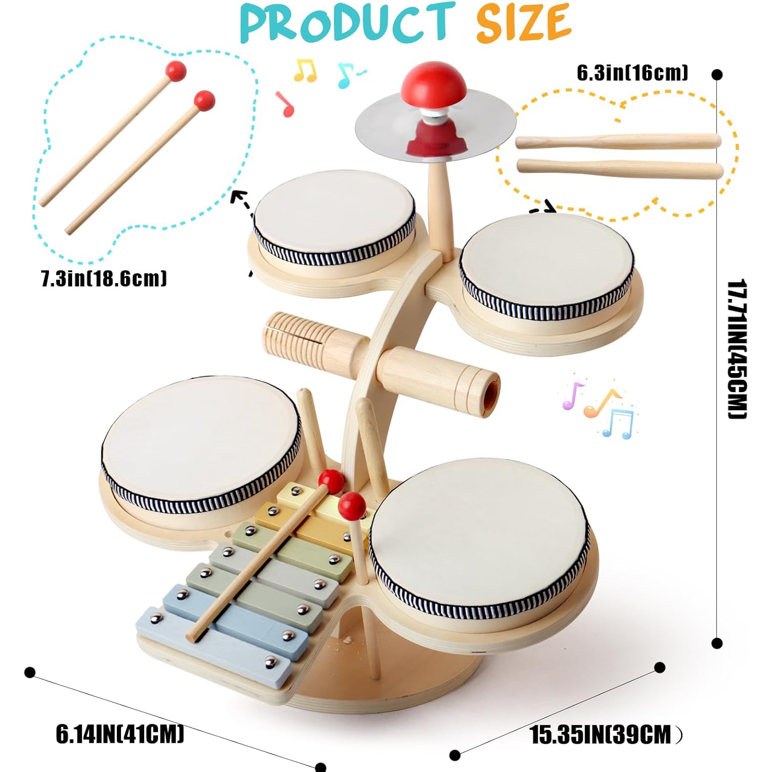 Wooden xylophone and drum set for toddlers | 3-in-1 kids musical toy with real mallets | Develops rhythm, motor skills and creativity | Educational