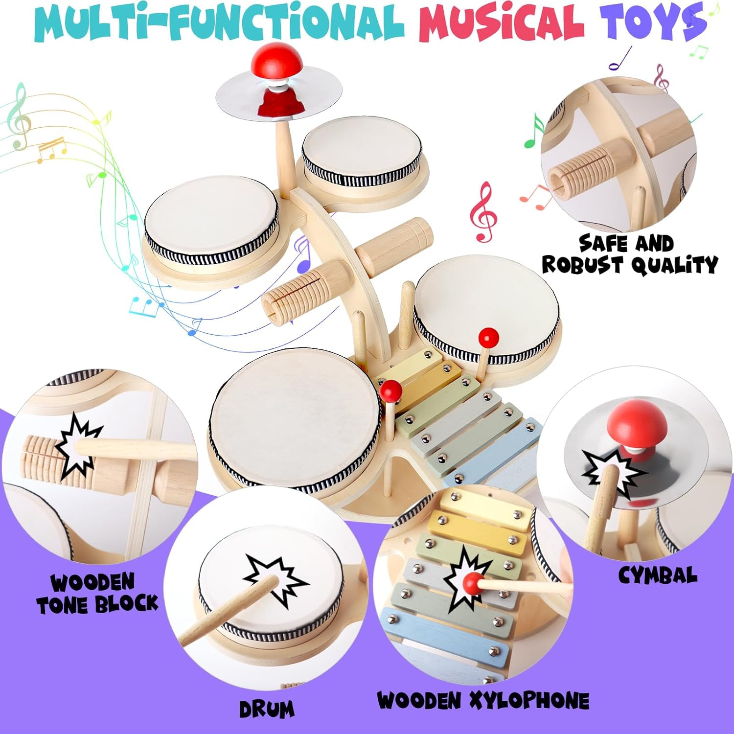 Wooden xylophone and drum set for toddlers | 3-in-1 kids musical toy with real mallets | Develops rhythm, motor skills and creativity | Educational