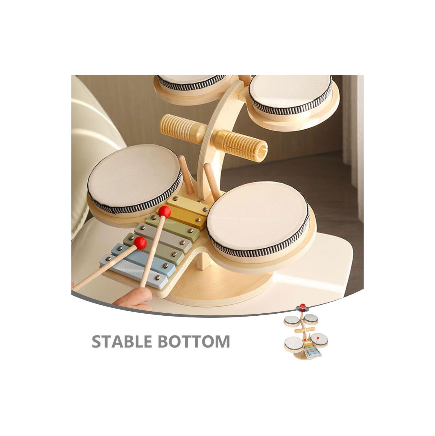 Wooden xylophone and drum set for toddlers | 3-in-1 kids musical toy with real mallets | Develops rhythm, motor skills and creativity | Educational