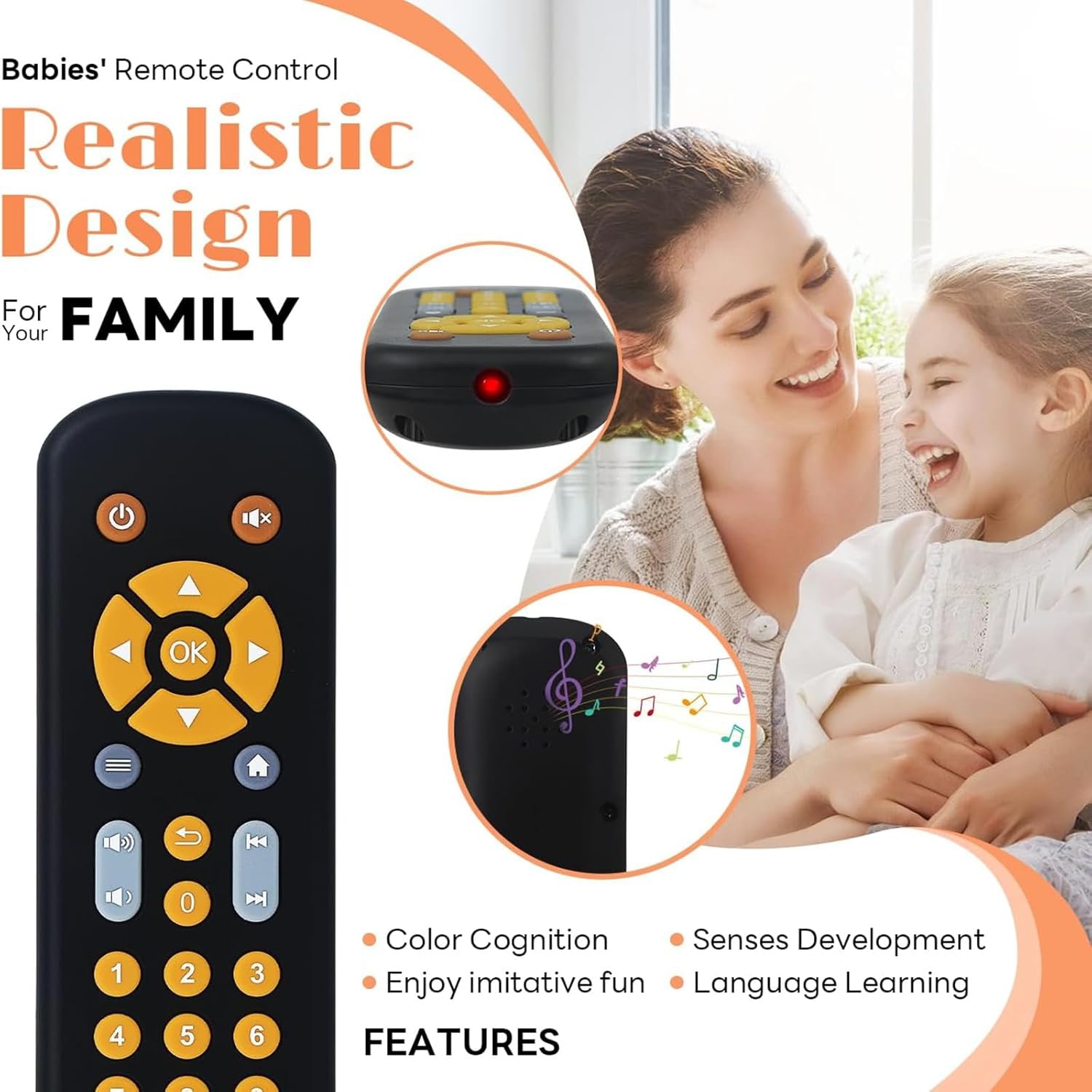 Black Baby Safe TV Remote Control Toy with Multi-Language Learning Function - Realistic Design, Soft Silicone Shell, Sensory Toy with Multi-Shape