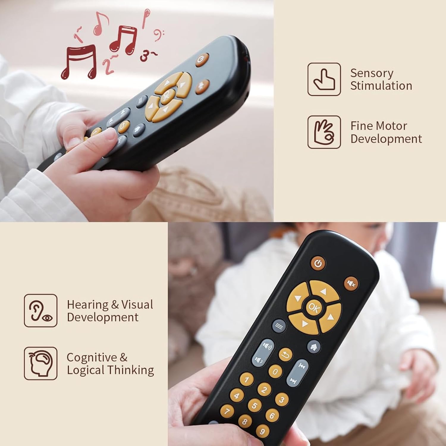 Black Baby Safe TV Remote Control Toy with Multi-Language Learning Function - Realistic Design, Soft Silicone Shell, Sensory Toy with Multi-Shape