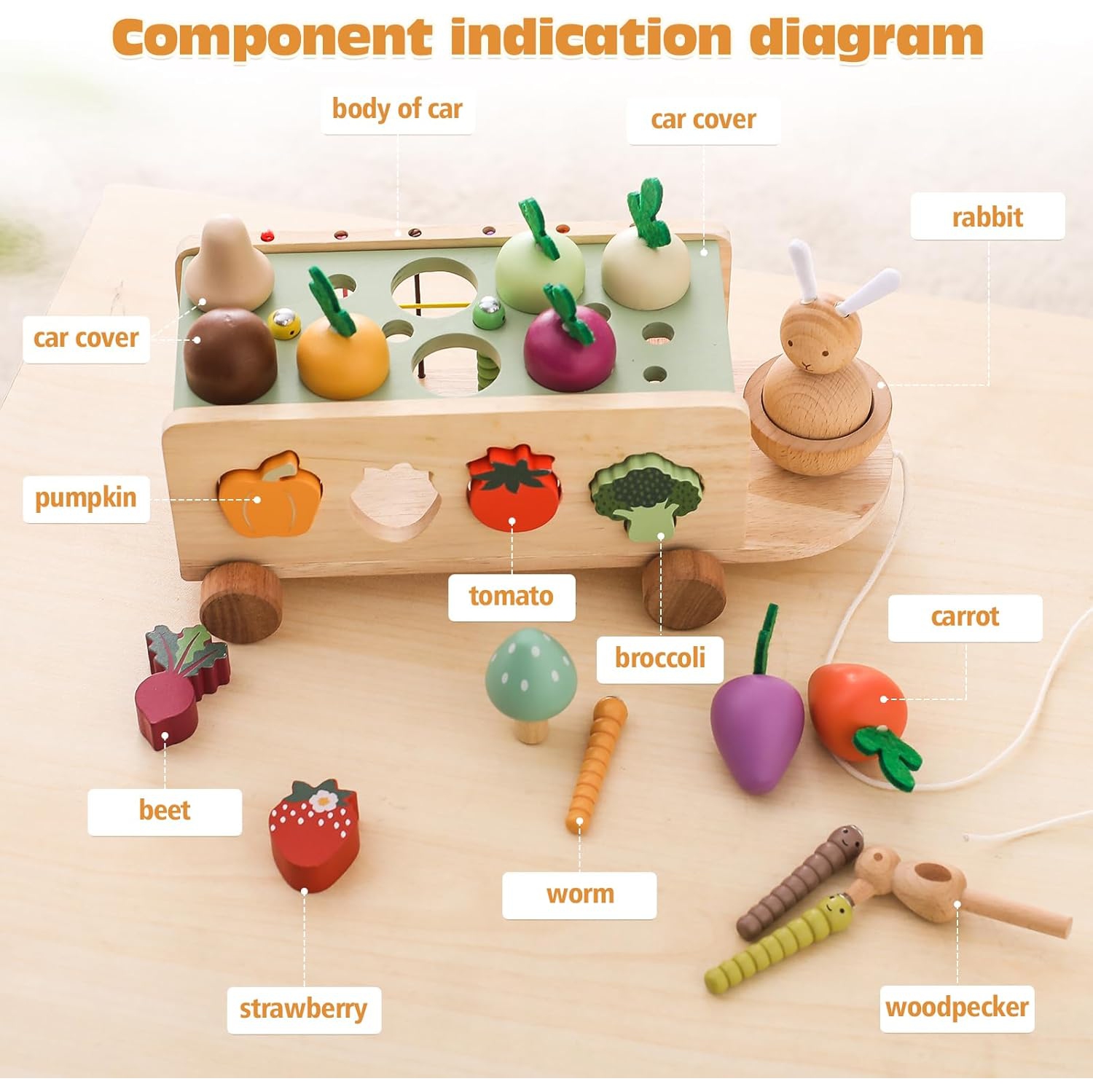 Wooden bungee cord carrot car toy set - educational building blocks for toddlers and kids, fun learning games, durable and safe, perfect gift for