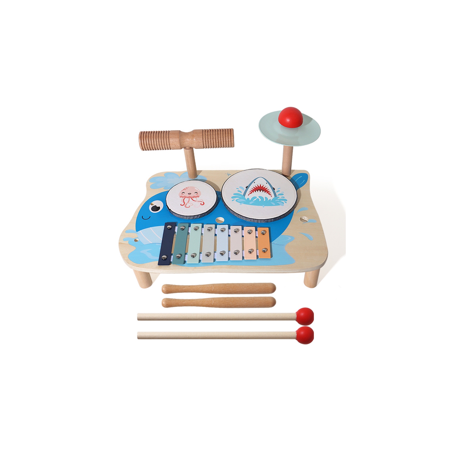 Whale themed drum set | Multifunctional musical toy with drum and cymbals | Wooden music learning set | Early childhood educational toys | Develop
