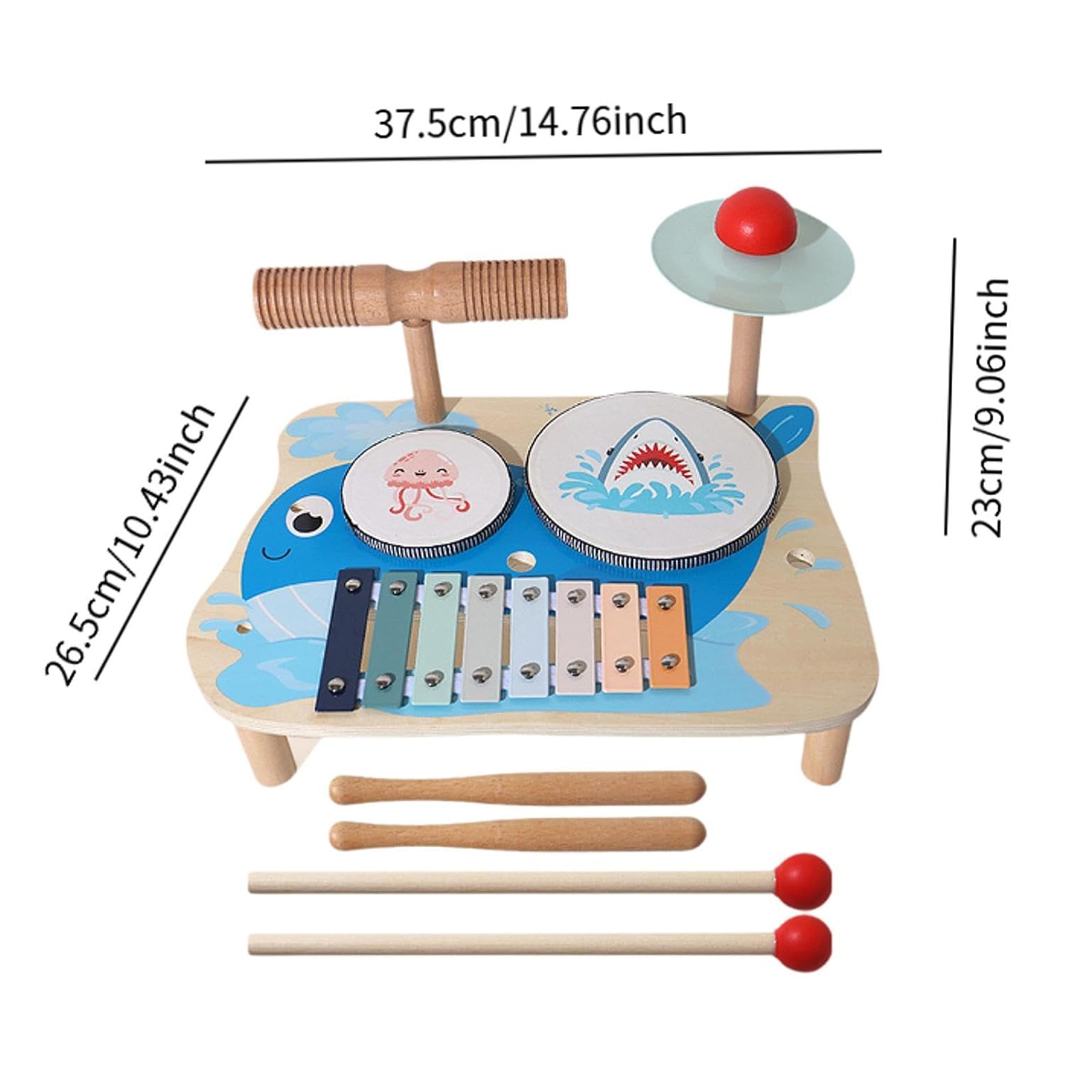 Whale themed drum set | Multifunctional musical toy with drum and cymbals | Wooden music learning set | Early childhood educational toys | Develop