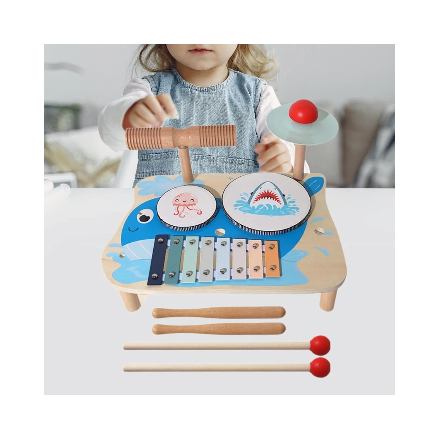 Whale themed drum set | Multifunctional musical toy with drum and cymbals | Wooden music learning set | Early childhood educational toys | Develop