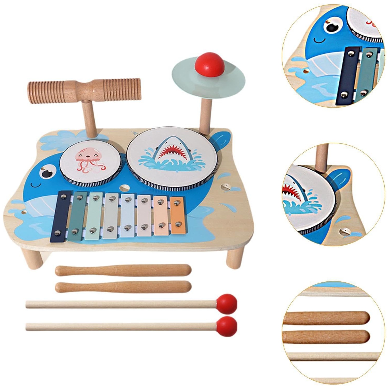 Whale themed drum set | Multifunctional musical toy with drum and cymbals | Wooden music learning set | Early childhood educational toys | Develop