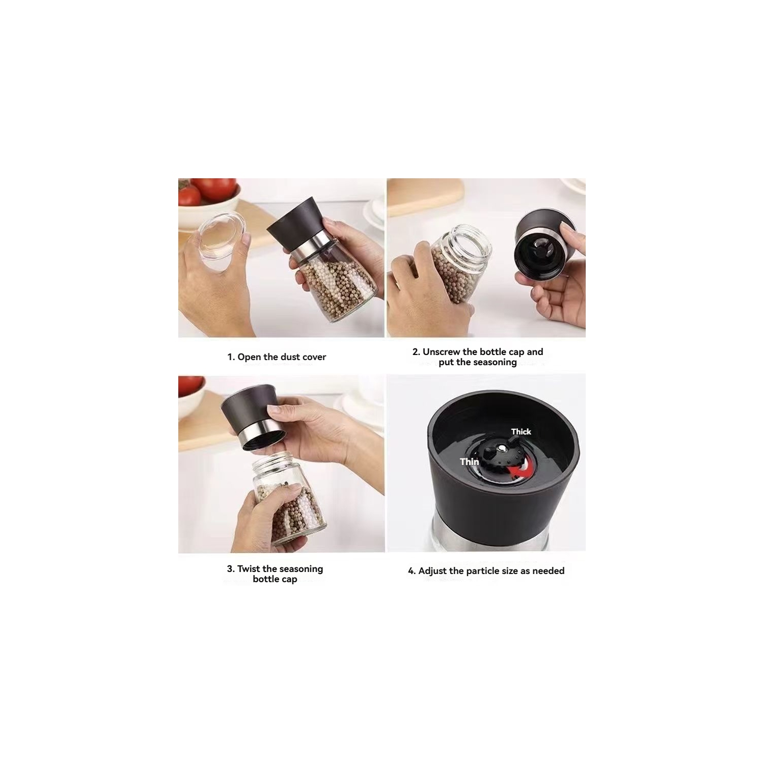 Mélangeur à épices réglable en acier inoxydable, moulin pour table de cuisine, corps en verre - Ensemble de 2 meules