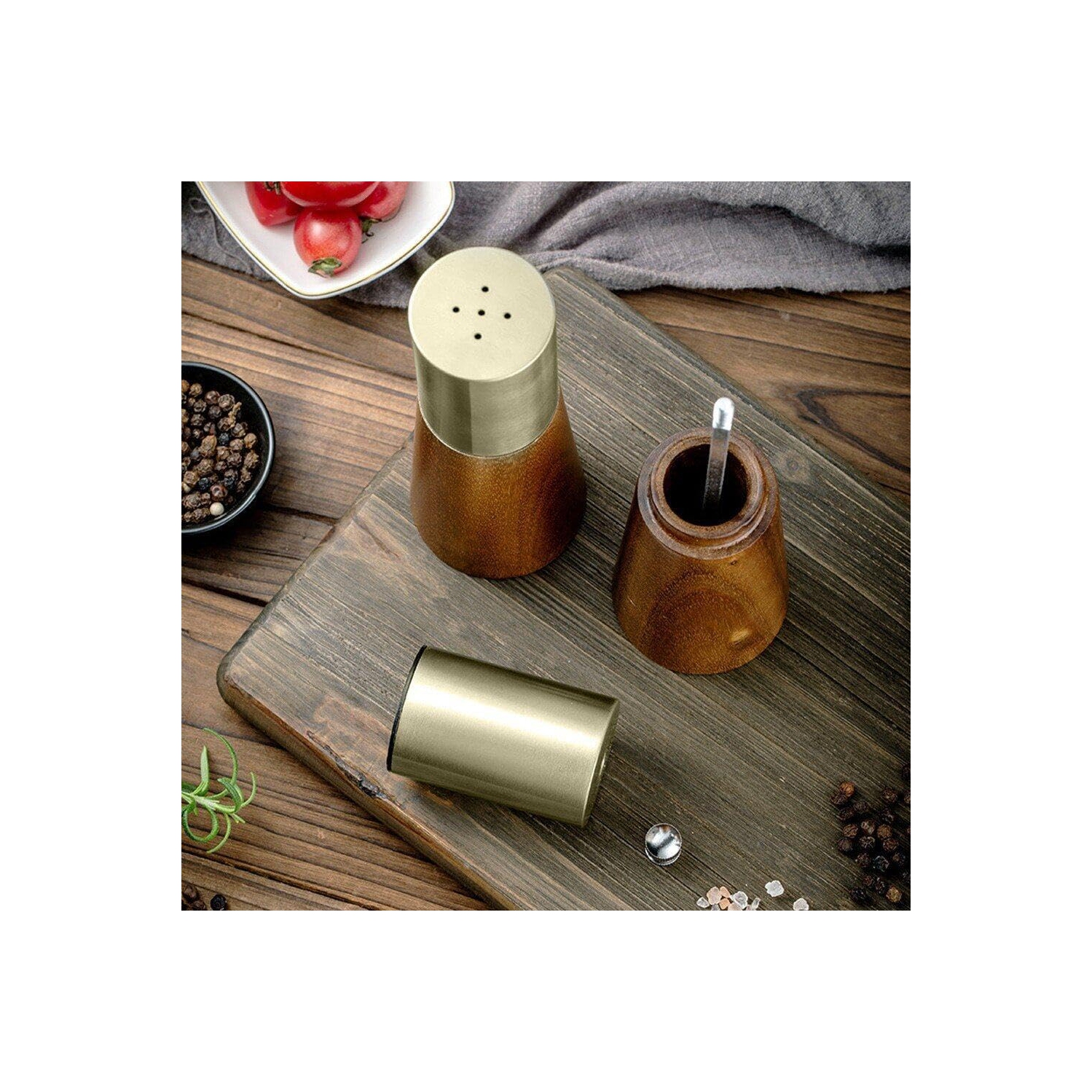 Wooden pepper grinder, spice shaker, manual coarse salt grinder, spice jar, spice container, kitchen utensils, grinder + salt shaker box - 2 pieces