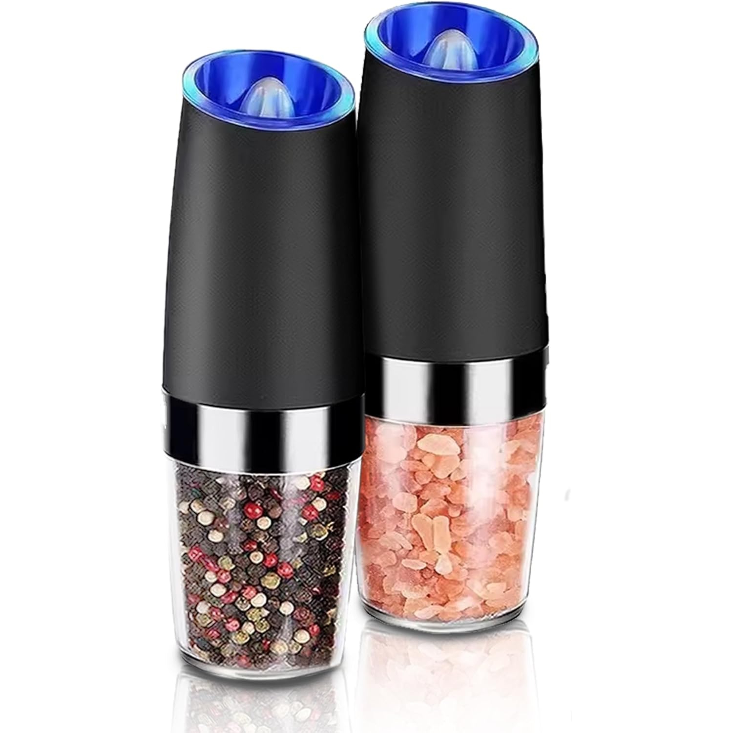 Electric Black Pepper and Salt Grinder Set, Home Pepper Grinder Bottle, Blue LED Light, Adjustable Coarseness - 2 Pack