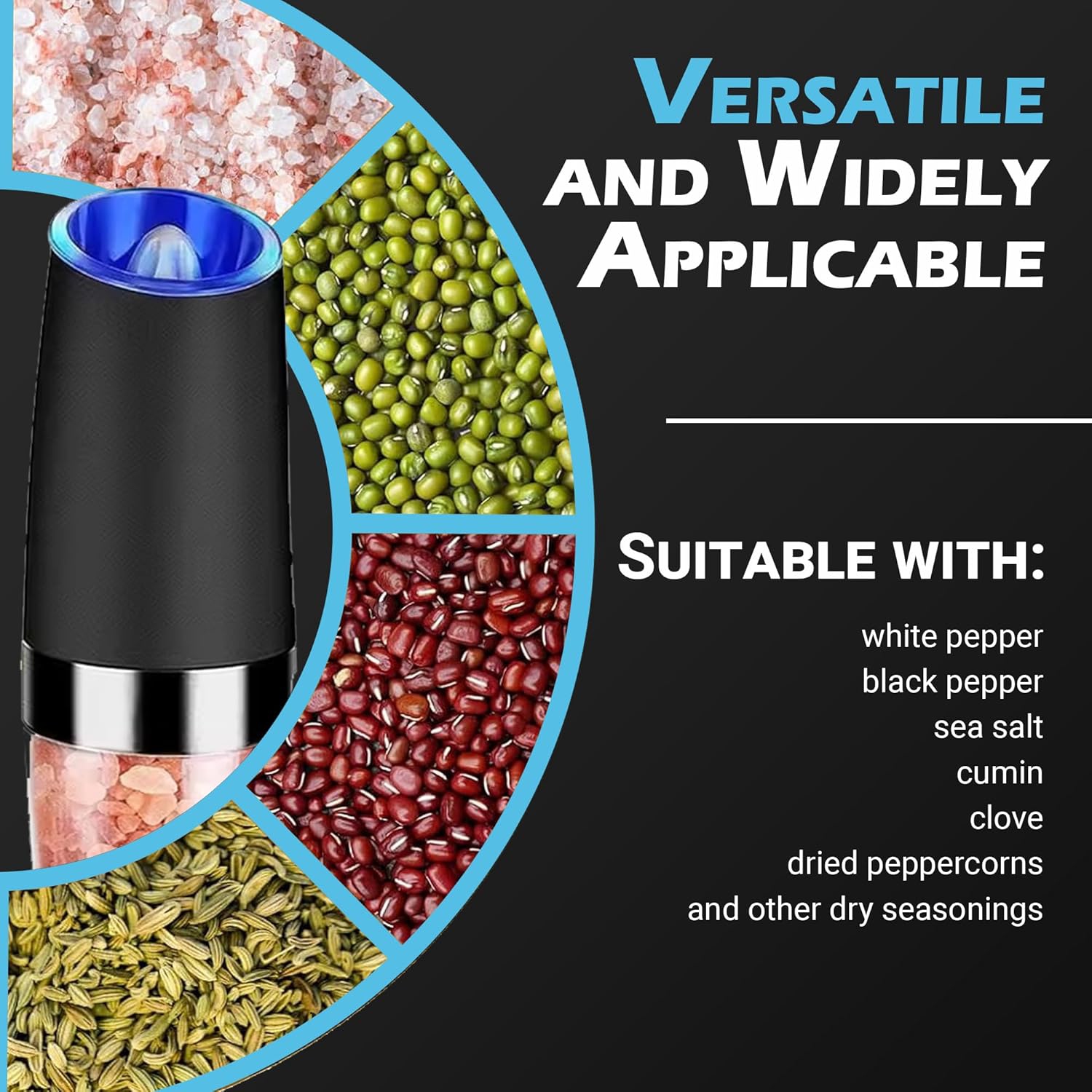 Electric Black Pepper and Salt Grinder Set, Home Pepper Grinder Bottle, Blue LED Light, Adjustable Coarseness - 2 Pack