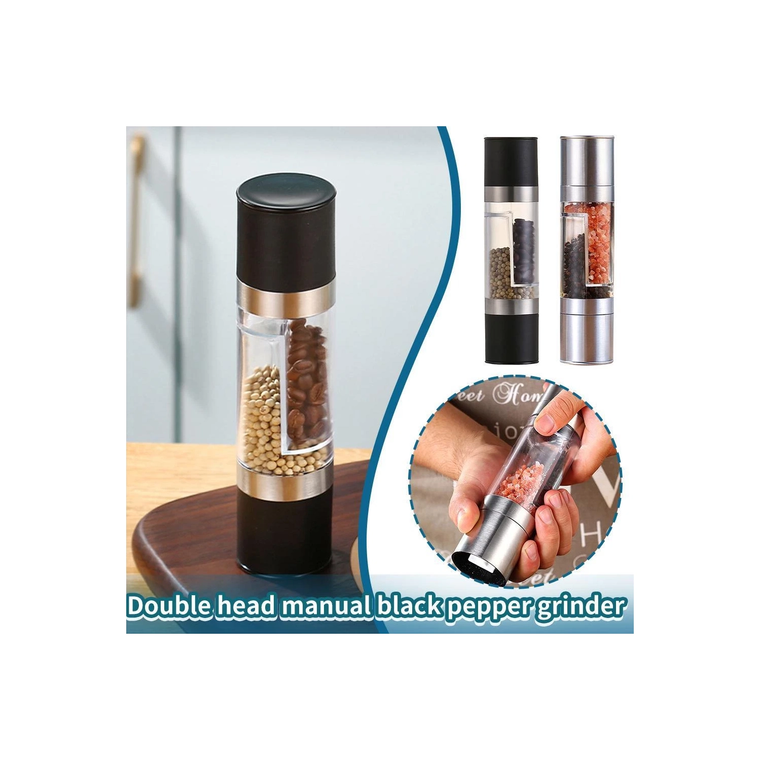 Double-head manual grinder, Double-head manual grinder, Grinder glass spice bottle - black