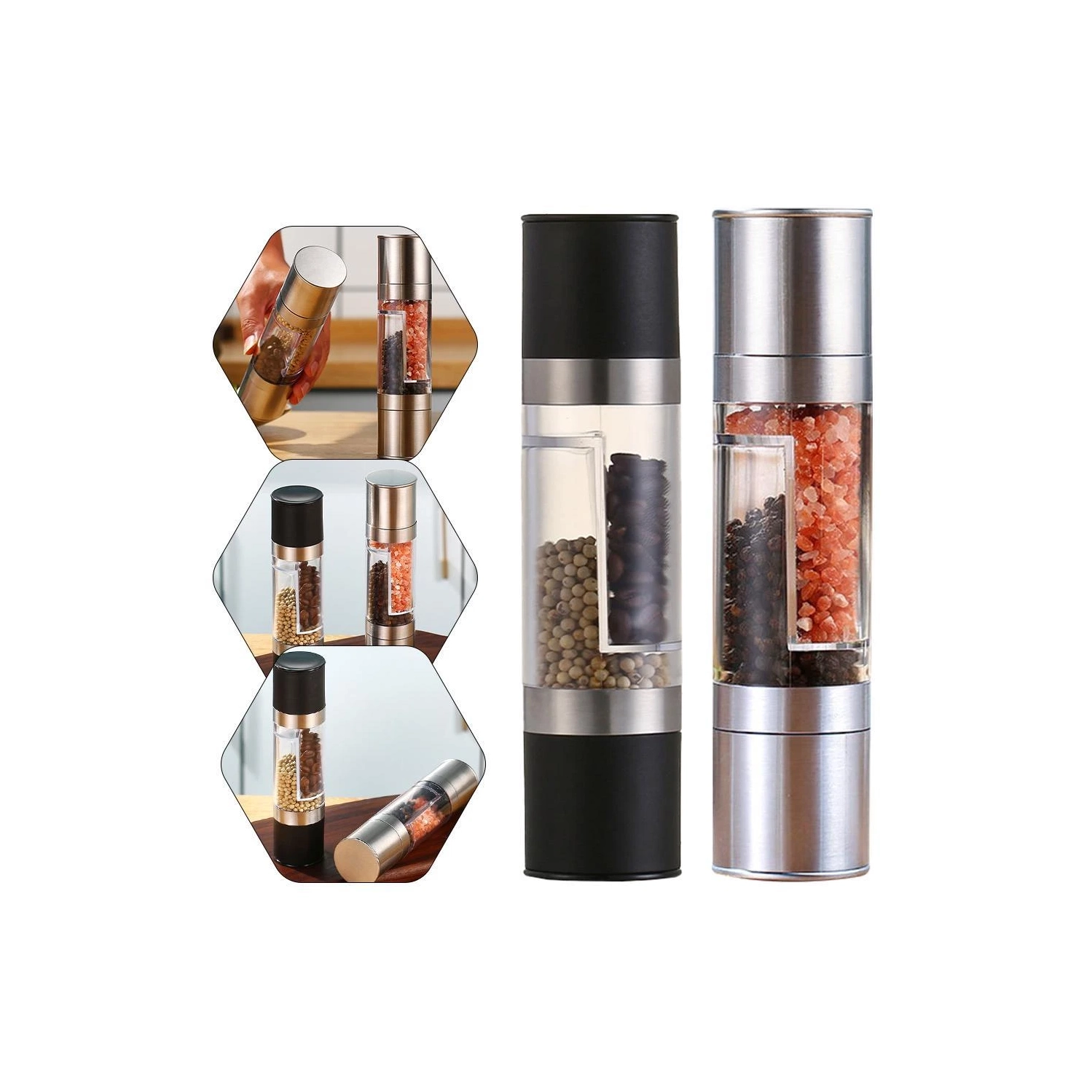 Double-head manual grinder, Double-head manual grinder, Grinder glass spice bottle - black