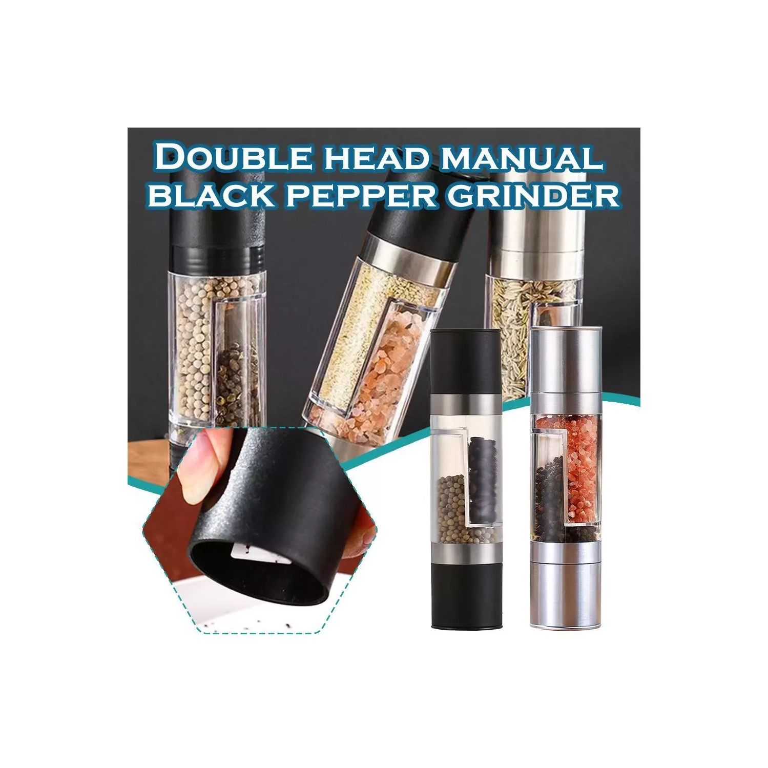 Double-head manual grinder, Double-head manual grinder, Grinder glass spice bottle - silver