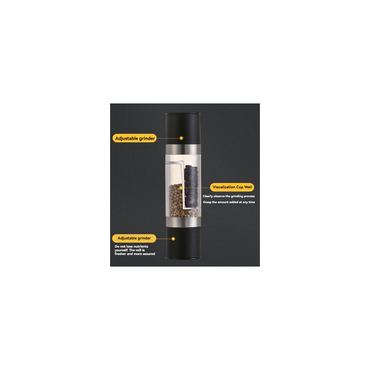 Double-head manual grinder, Double-head manual grinder, Grinder glass spice bottle - silver