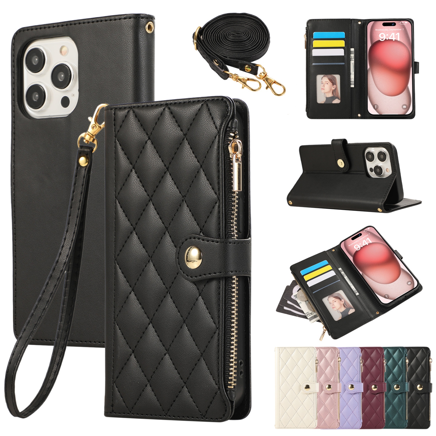 Applicable to iPhone16PROMAX exquisite diamond lattice small Chanel style zipper bag lady crossbody rope mobile phone case-black + short hand rope +
