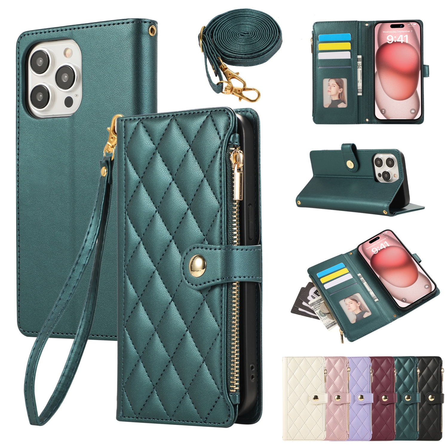 Applicable to iPhone16PROMAX exquisite diamond lattice small Chanel style zipper bag lady crossbody rope mobile phone case-green + short hand rope +