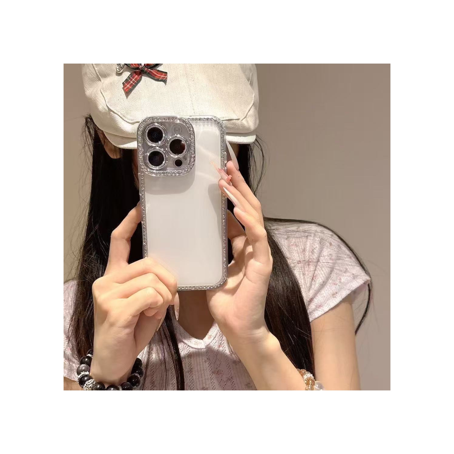 Luxury shiny diamond camera flash glossy bumper case, suitable for iPhone 15 Pro Max shockproof flash rhinestone case-white