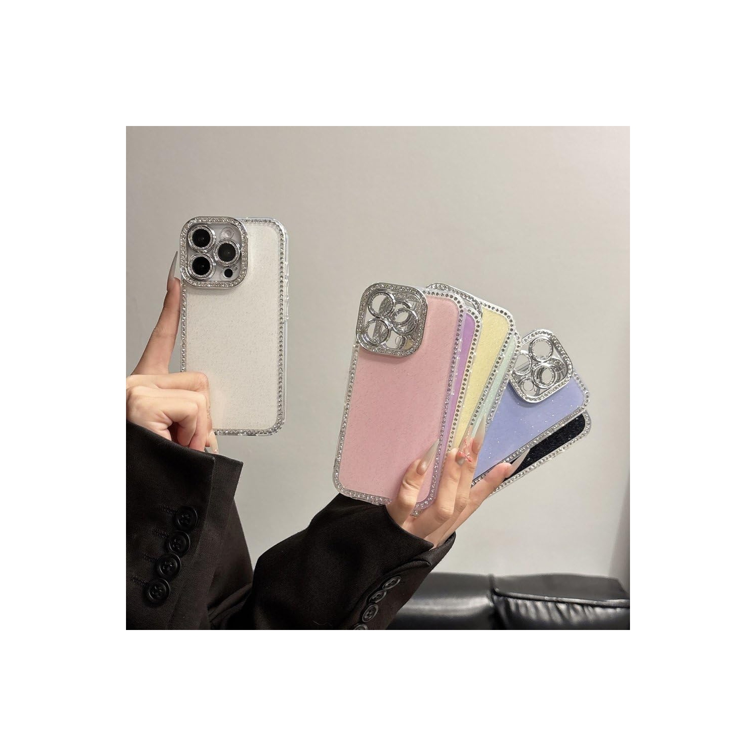 Luxury shiny diamond camera flash glossy bumper case, suitable for iPhone 15 Pro Max shockproof flash rhinestone case-white