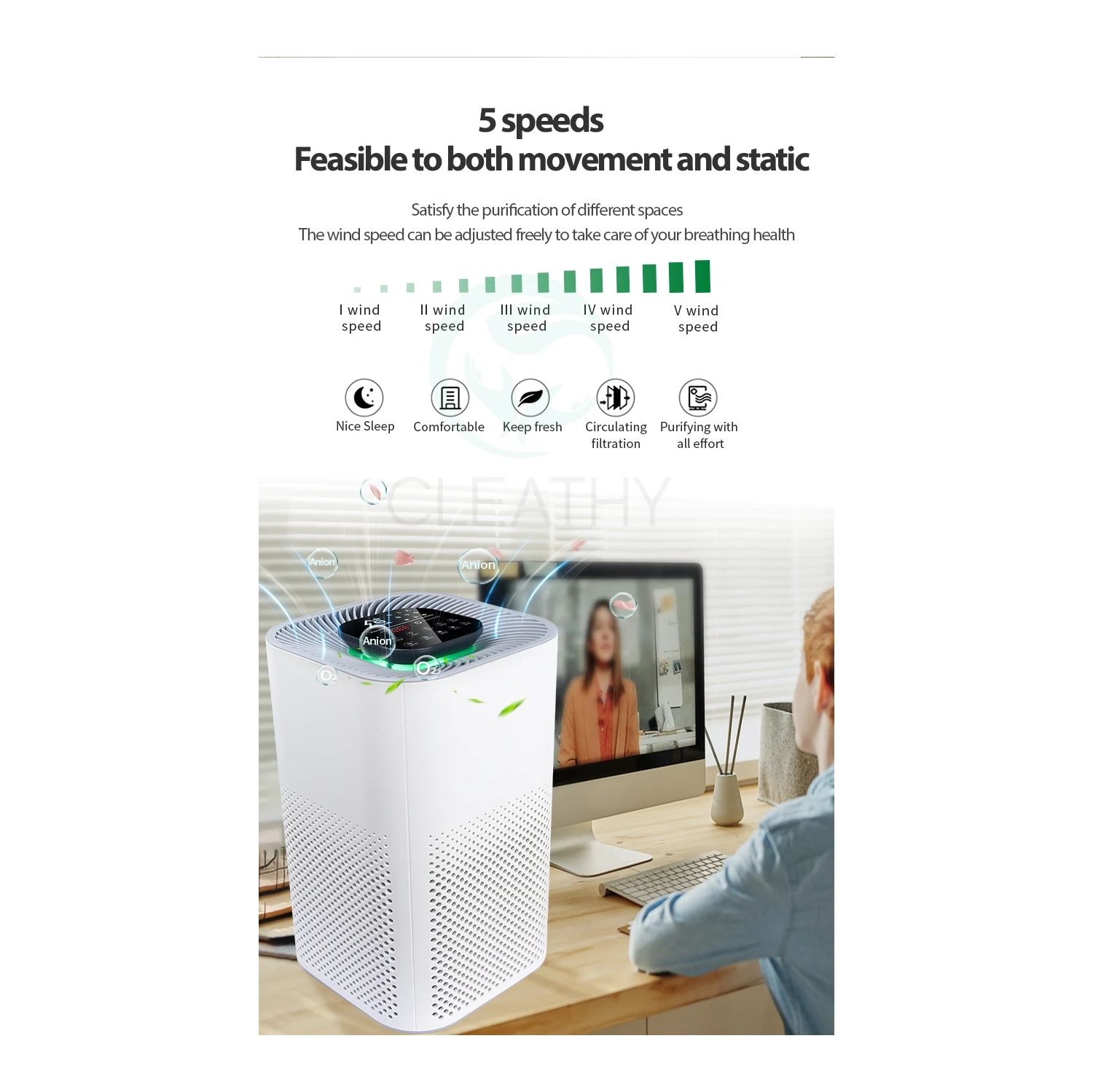 Formaldehyde removal office household purifier indoor 40 cubic meters of silent air sterilization and disinfection negative ion purification