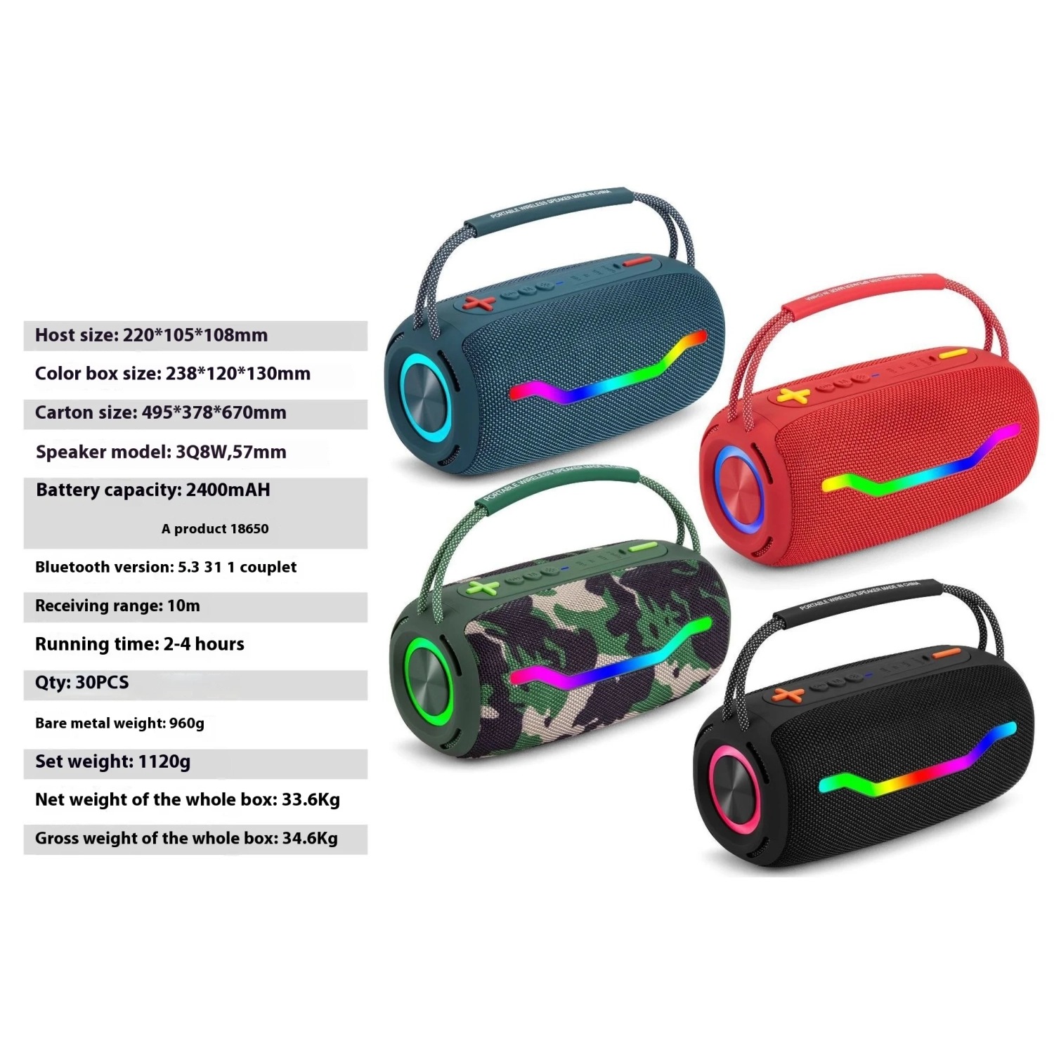 BOX520 portable wireless Bluetooth speaker, atmosphere light, subwoofer, home and outdoor dual-use, card support, desktop speaker, voice prompt -